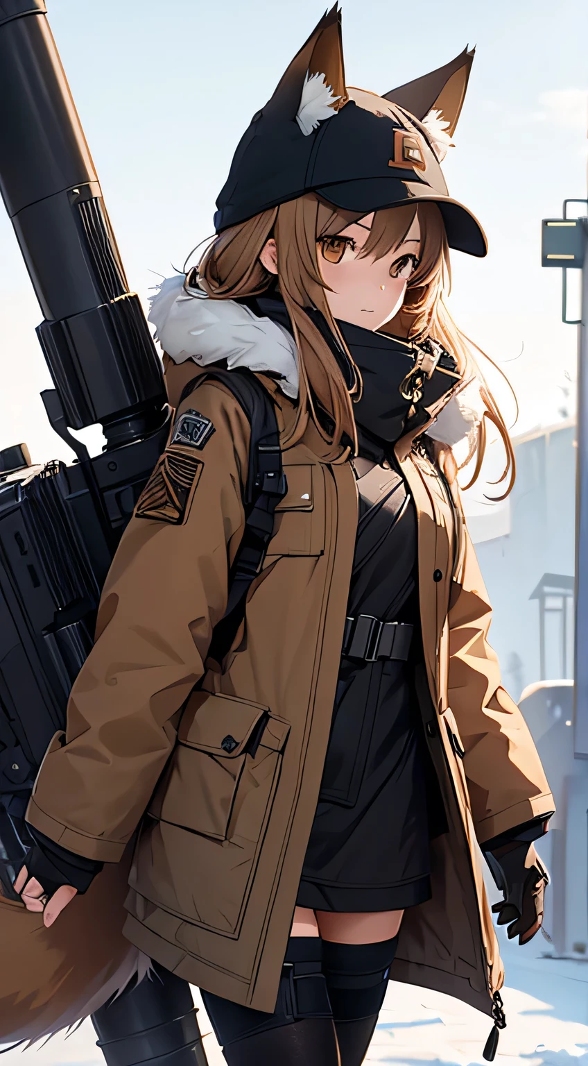 1 Girl, Original costume, Fox Girl, Long brown tactical winter gear, Large target , Arknights Characters