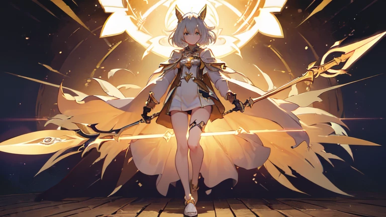 ((character design sheet, same character, front, side, back)), (1girl). Golden+Purle clothes, stylish and unique, ((showcase weapon:1.4)), magic staff, (masterpiece:1.2), (best quality), 4k, ultra-detailed, (Step by step design, layout art:1.5), (luminous lighting, atmospheric lighting), magican, ((glove full hands)), (((revealing clothes:1.3))), vambraces, armored legwear, (((full_body_shot:1.4)))