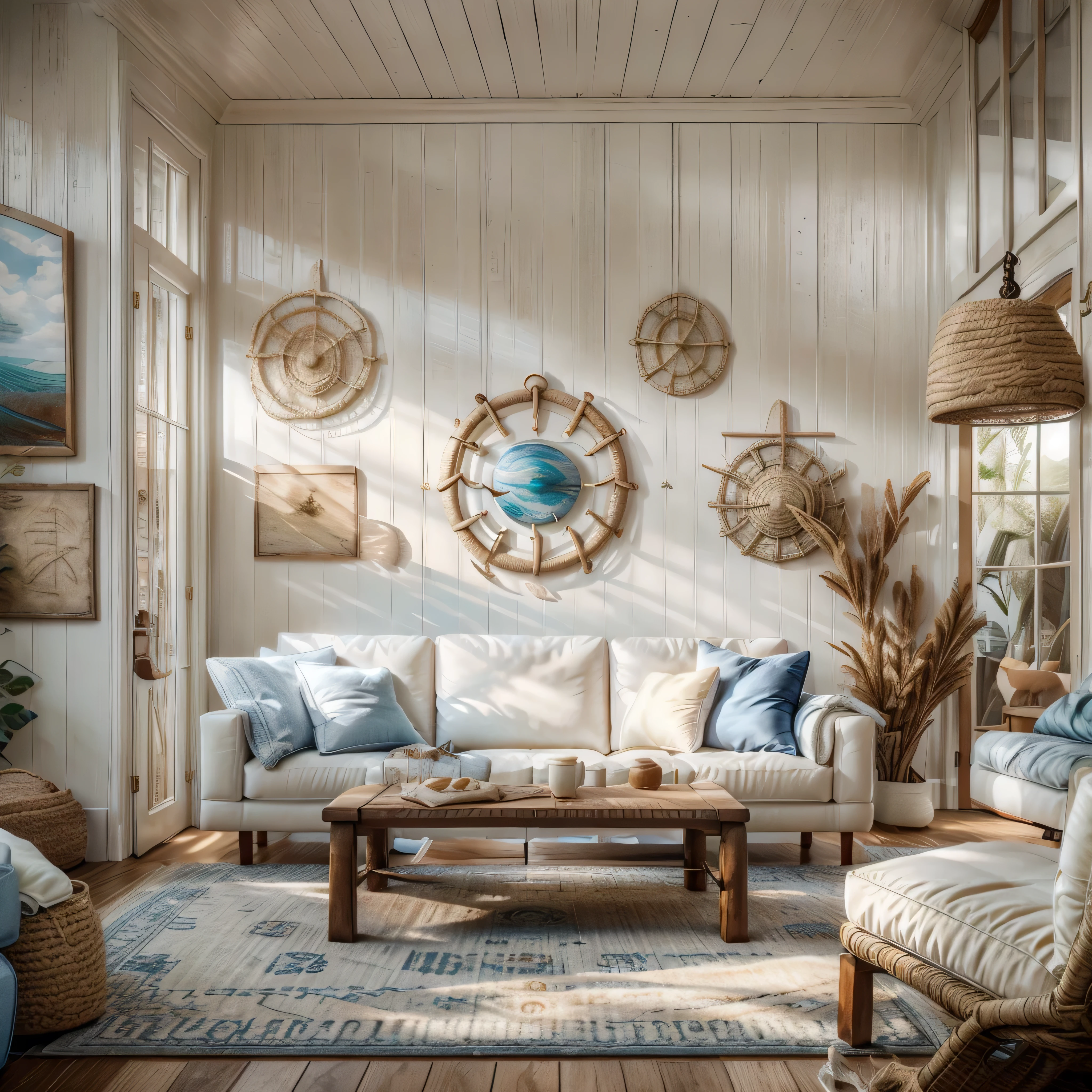 A breezy living room with nautical decor, light colors, and plenty of natural light. Use a white slipcovered sofa, a driftwood coffee table, and blue and white striped armchairs. Add a large jute rug, seashell decor, and wall art featuring ocean scenes.