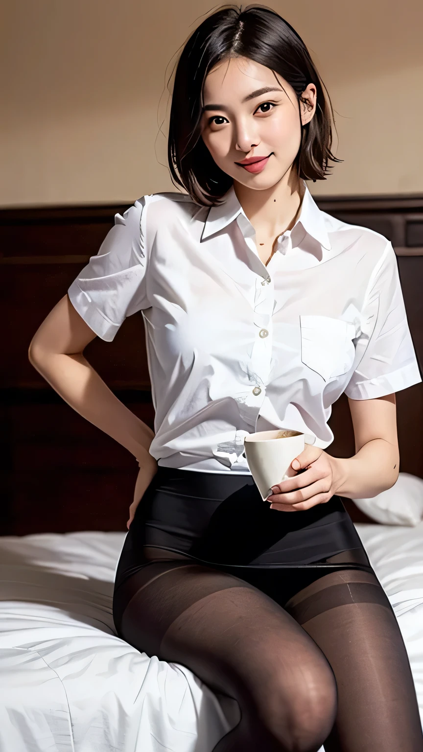 (8k, highest quality, masterpiece:1.2), (Actual, Realistic:1.37), Very detailed,
1 girl,Lovely, alone,Beautiful and detailed sky,Cafe details,Sitting,abolition,(smile:1.15),(Please keep your mouth shut) Small breasts,Beautiful and delicate eyes,(Collared shirt:1.1), White shirt, Pleated skirt,black collar,black,White lace, Beautiful legs,(super Realistic pantyhose:1.3), Buttons suddenly open
(Short Hair Details:1.2),Flowing hair ,New frog style,,White skin,Light,Bedroom,Bedridden