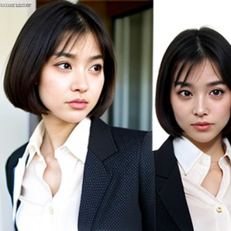 A neat and clean girl, OL, pure Japanese features, slightly plump, light makeup, , natural and realistic eyes, office, black business suit, white skip-collar blouse, beige pantyhose, black pumps