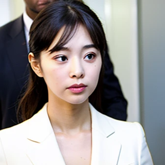A neat and clean girl, OL, pure Japanese features, slightly plump, light makeup, , natural and realistic eyes, office, black business suit, white skip-collar blouse, beige pantyhose, black pumps