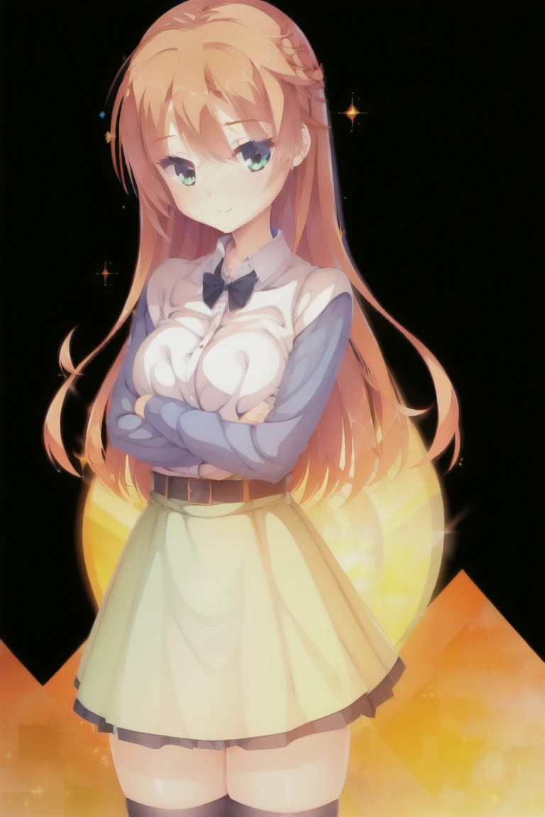 1girl,solo,smiling,Orange hair,school_uniform, white shirt, blue string ribbon, blue skirt, plaid skirt, green eyes,Thigh Highs,Bedroom,expensive_solve, clear_image, expensive_Contrast, 8k, Sparkling, beautiful_detailed_face_and_eye, (Orange Hair:1.25), 白 eye,Black background