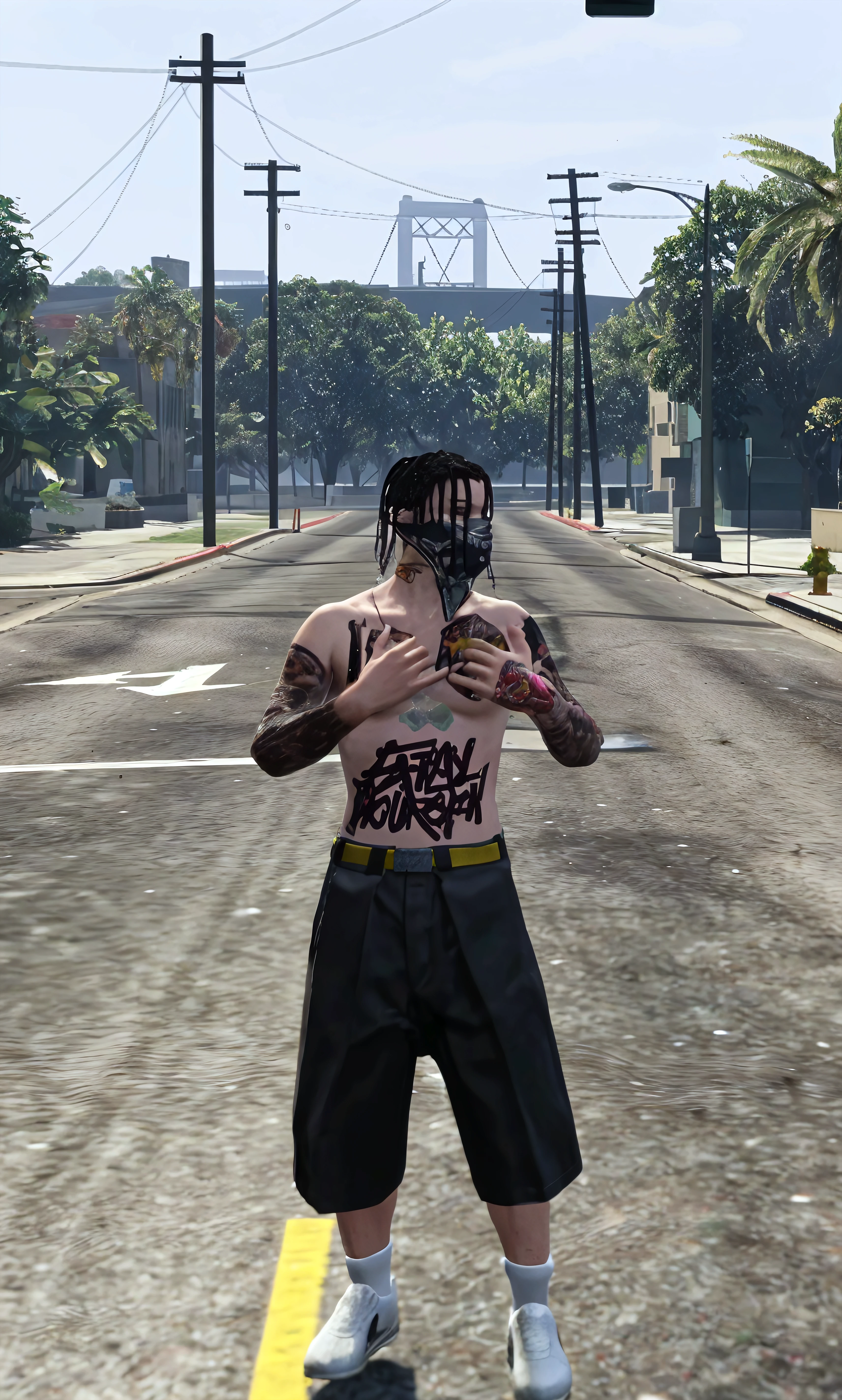 there is a man in his underwear standing next to a pink car, Pink skin, gta character, GTA5 style, style of gta v, gta 5 skin tone, pink iconic character, like a GTAV character, gta style, estilo gta V, mechanical punk clothing, naruto no gta v, with pink hair, no hood | | realistic shading, GTA 6 style