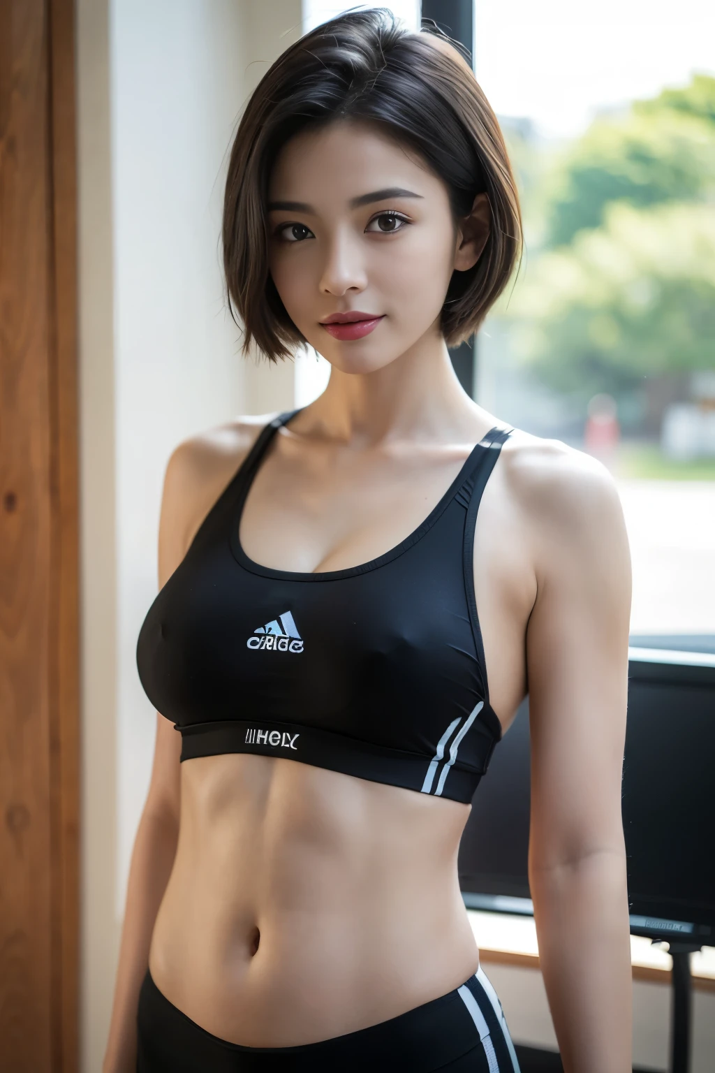 (Highest image quality:1.35), high quality, Realistic photos, (一位Beautiful woman:1.33), Beautiful expression, (Exquisite eyes:1.3), (beautiful eyes:1.3), (delicate face:1.3), Smile, (Shiny hair:1.2), (Black Hair:1.3), (Muscular body:1.2), Super detailed, high resolution, Sporty, (Large Breasts:1.25), (short hair:1.2), (Beautiful woman), (cute navel:1.2), (Depth of field/1.2:1.45), Clear focus, original photo, (Sprinter'white bloomers:1.45), (適合短跑選手的White movement文胸:1.4), (White movement燈籠褲:1.4), (White movement:1.4), (Open your arms:1.4), (Thick thighs:1.6), (Beautiful thighs:1.65),(Turn your face forward:1.25), (Cowboy shooting:1.5), (Track and field at night:1.4), (Gloomy sky:1.5),