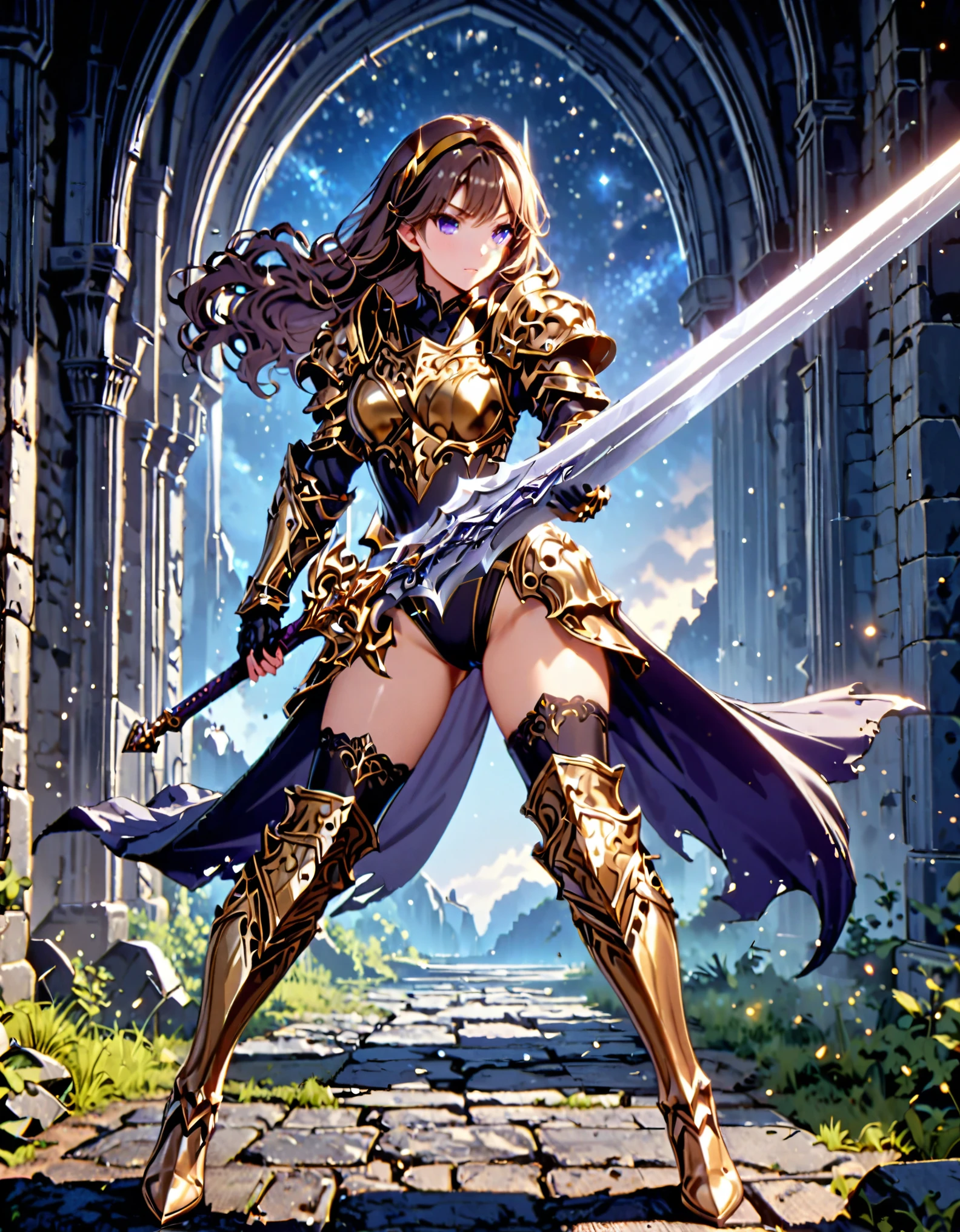 masterpiece, best quality, solo focus, 1girl, 22 years old, brown hair, (wavy hair, short hair), gold headband, purple eyes, beautiful detailed eyes, (gold medieval armor), (eagle (symbol) on chest), gauntlets, (leotard, black leotard, matching leotard, bare legs), (thighhigh leggings, boots, matching boots), standing, legs straight, perfect hands, (wielding sword, silver broad sword), space backdrop, (diffraction spikes, light particles), solo, (perfect anatomy), (full body shot), cowboy shot curved sword slash, she (spins around) like a (tornado).