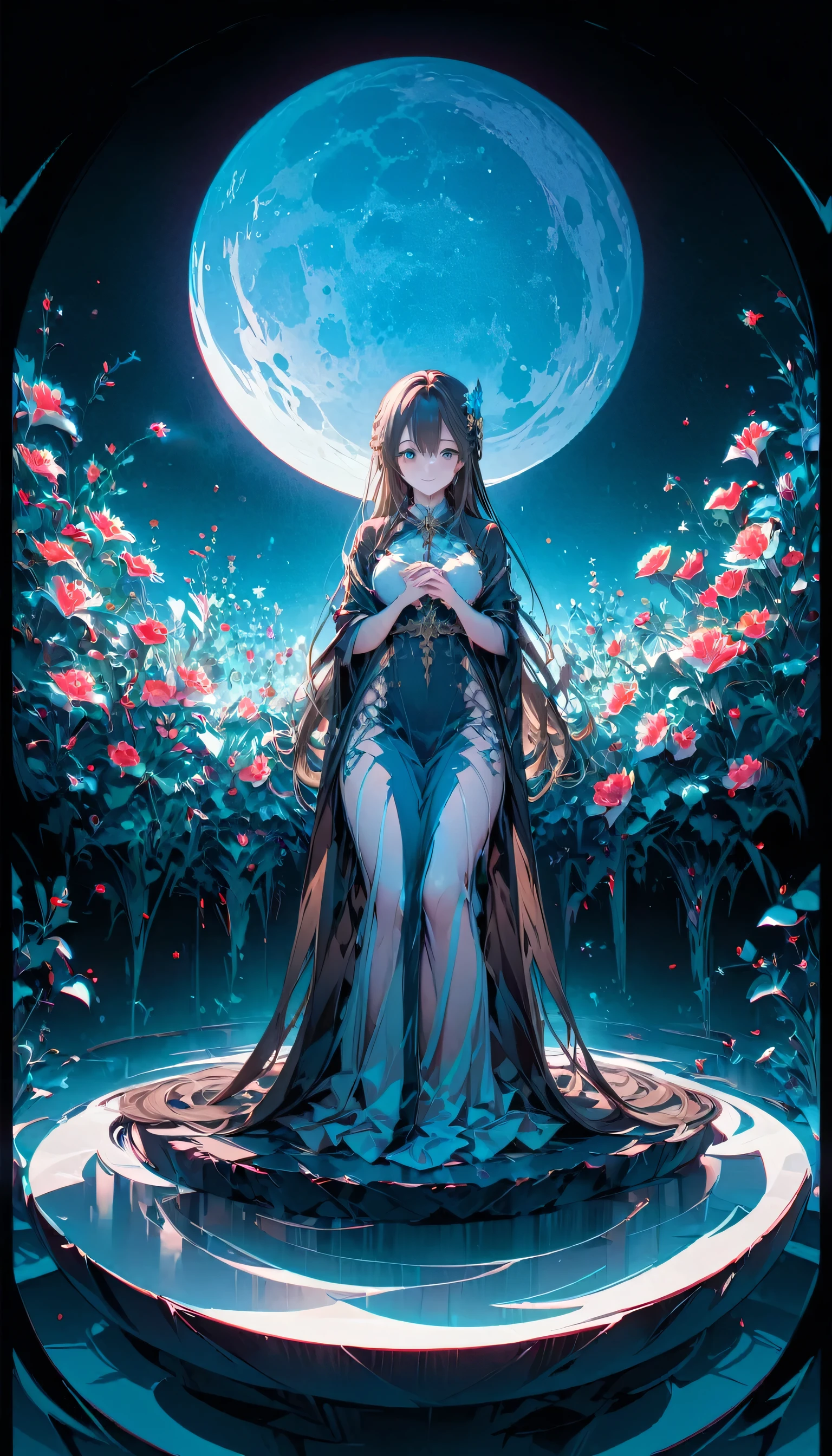 (masterpiece),(highest quality), figure, (Fantasy:1.4), Brown long hair, Long eyelashes, Round eyes, A light smile, Surrealism, Cast a Shadow, Anaglyph, Stereogram, Atmospheric perspective, 8k, Super detailed, Accurate, highest quality, Ultra-high resolution, Textured skin, Long dress, moon, Flowers , paper_cut