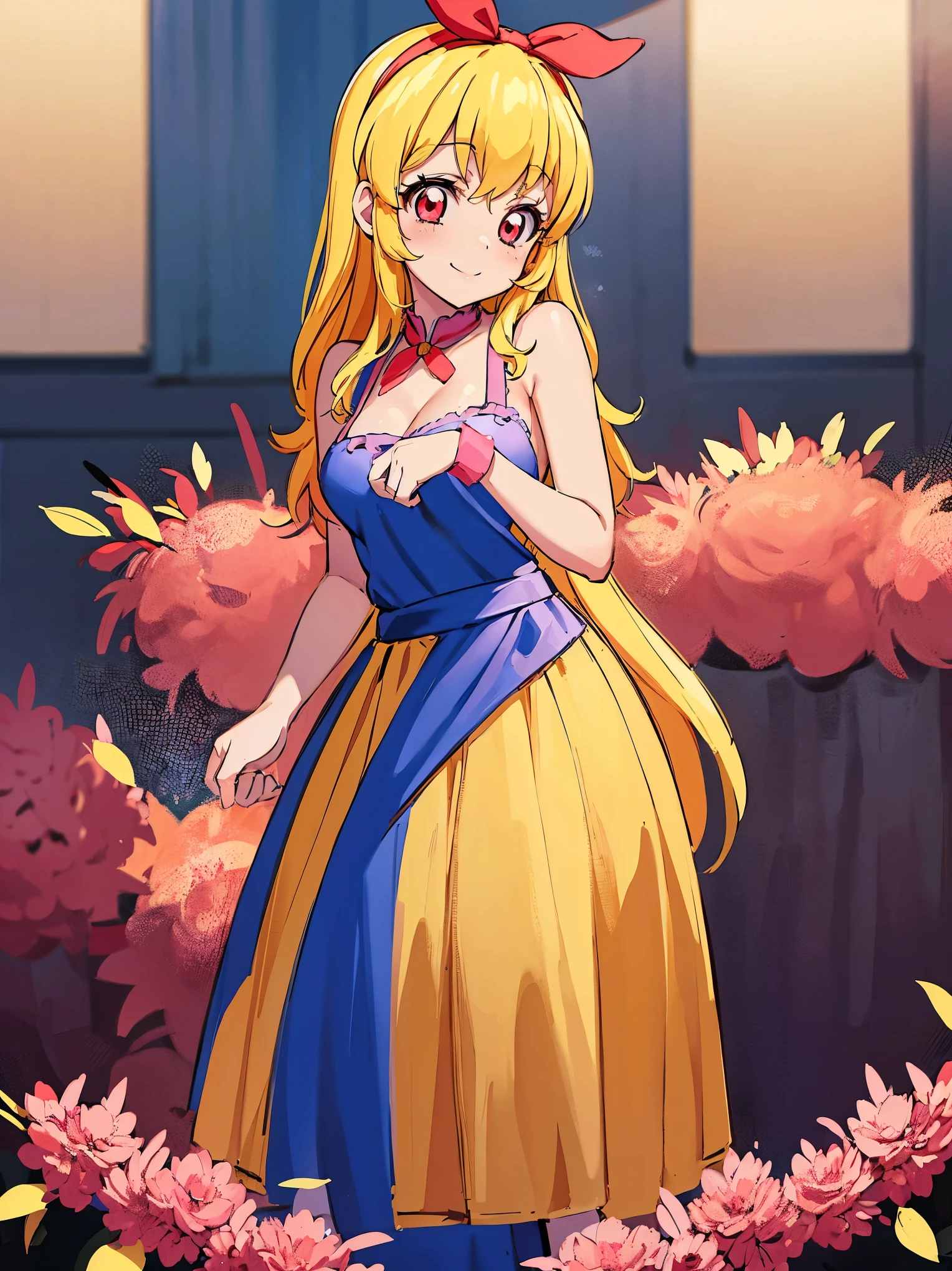 aikatsu,Blonde_HAIR,RED_HAIR_band,masterpiece,{a cartoon character is wearing an apron and a dress, 1girl, hoshimiya ichigo, apron, blonde hair, long hair, breasts, solo, smile, naked apron, large breasts, cleavage, looking at viewer, blush, pink apron,ass Focus