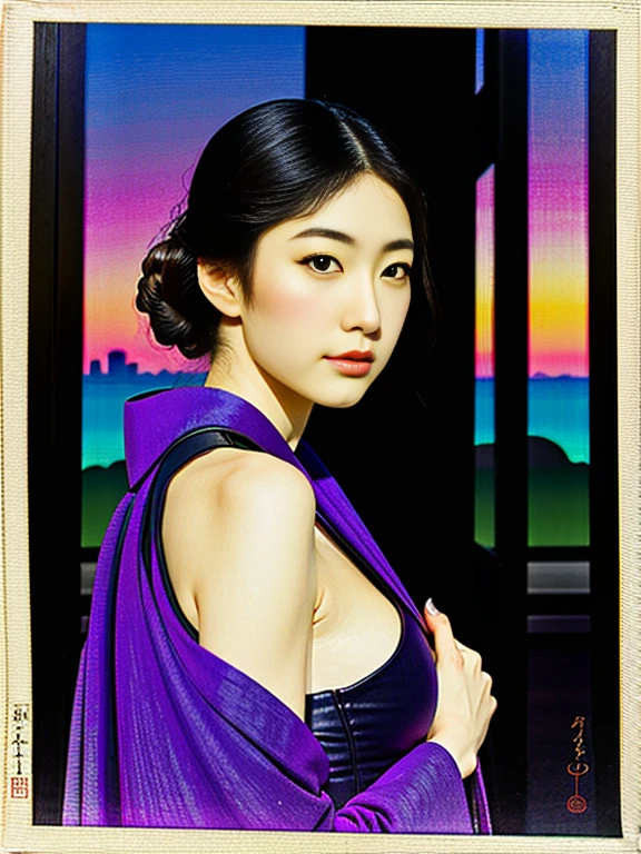 Ukiyo-e:1.9、Utamaro、woodblock print、woodblock print、otherscape、SF、Beautiful woman、Space Opera、skimpy leather costume、spaceship、Purple clouds gather、Detailed face、Beautiful Eyes、Elegant kimono、Intricate floral pattern、Delicate skin、Natural light、A calming color palette、Soft Focuasterpiece