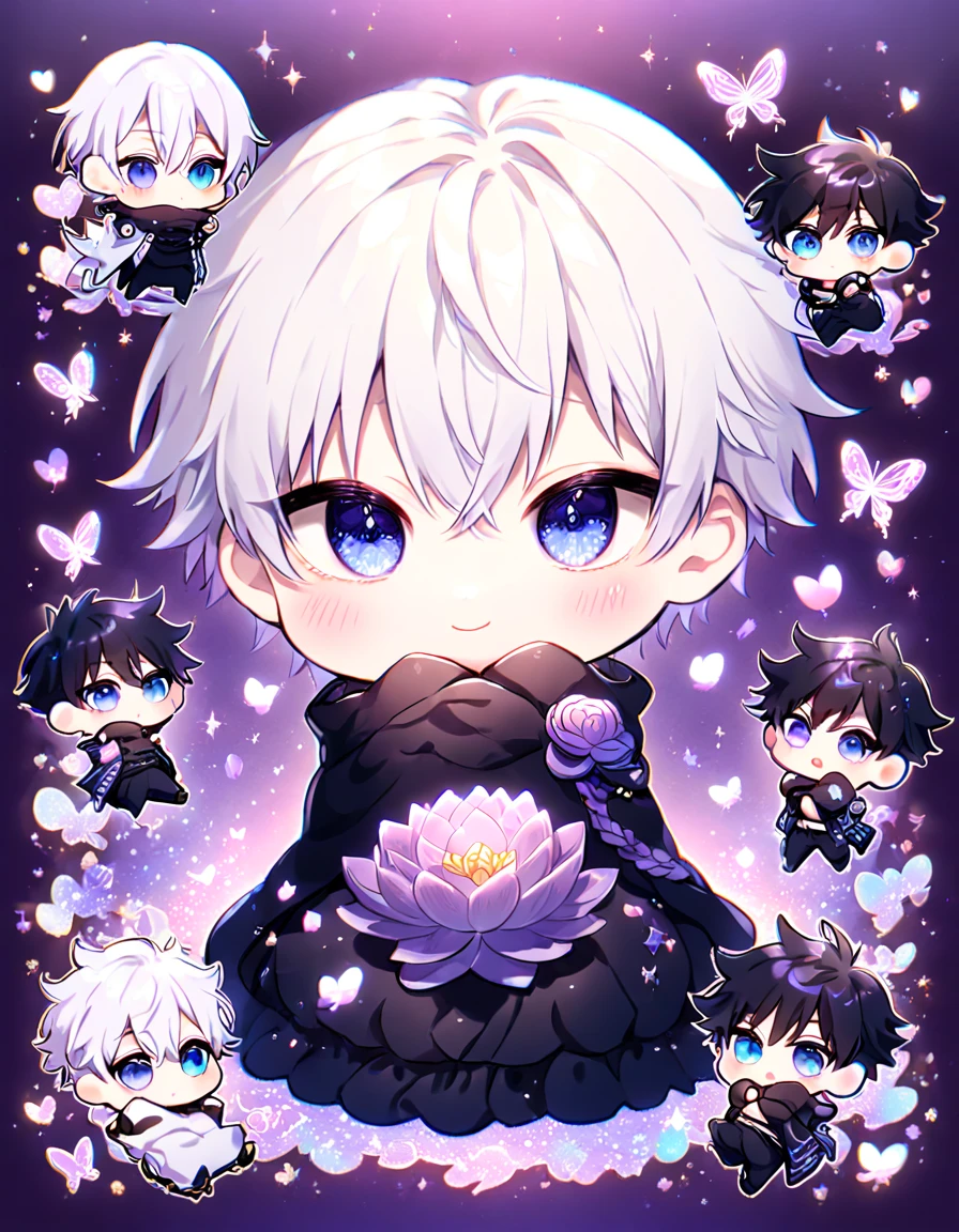 Ultra detailed, HDR, Highres, absurdres, master piece, Gojo Satoru chibi, white hair with bangs, expressive blue eyes, white eyelashes, hair between the eyes, black clothes, Jujutsu Kaisen, Fushiguro Megumi chibi, black hair, purple glittering butterflies, petals, purple lotus, cute, magical, two men hugging, gay couple, extremely detailed face and eyes, glittering, fantasy, love, purple background, perfect face, best quality, happy, yaoi