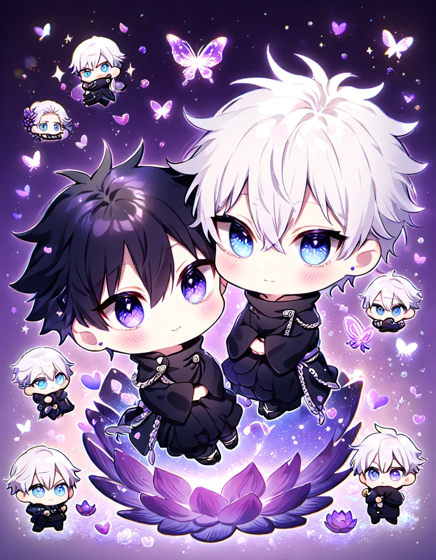 Ultra detailed, HDR, Highres, absurdres, master piece, Gojo Satoru chibi, white hair with bangs, expressive blue eyes, white eyelashes, hair between the eyes, black clothes, Jujutsu Kaisen, Fushiguro Megumi chibi, black hair, purple glittering butterflies, petals, purple lotus, cute, magical, two men hugging, gay couple, extremely detailed face and eyes, glittering, fantasy, love, purple background, perfect face, best quality, happy, yaoi