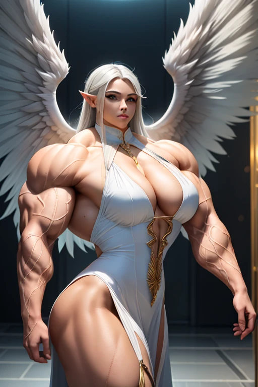 ((((Massive tall, beautiful, buff, light brown skinned muscular angel woman with white hair, huge angel wings, ginormous bulky muscles and wearing a beautiful white angel dress)))), (close view), massive muscles, massive biceps, hyper muscle shoulders, massive muscle arms, vascular shoulders, hyper muscle triceps, huge angel wings, (long straight hair), blue eyes, choker, on top of a sunny skyscraper in a Windy City, confidant smile, hyper vascular arm, hyper muscles arms, hyper muscle legs, (massive arms).
