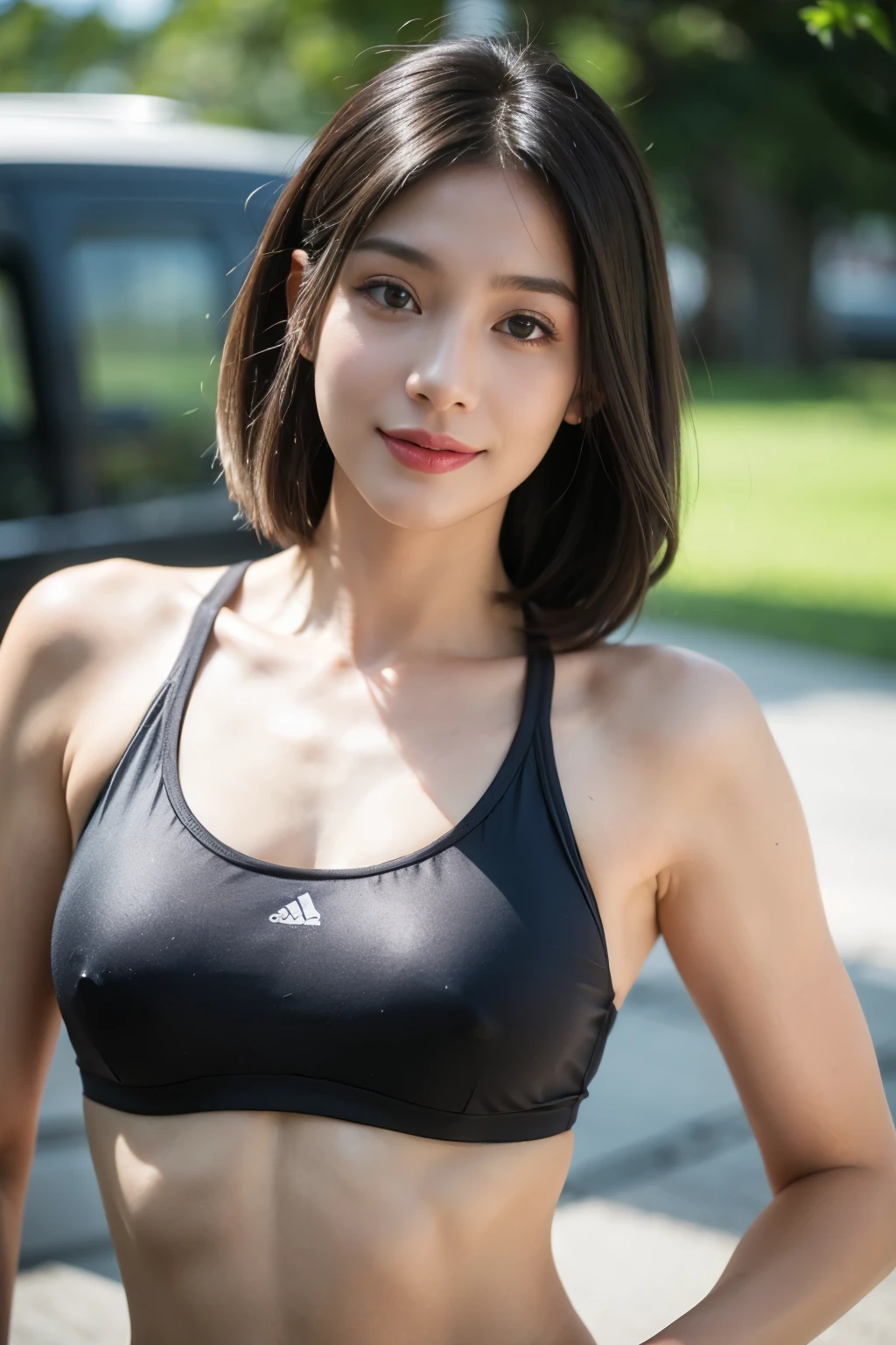 (Highest image quality:1.35), high quality, Realistic photos, (一位Beautiful woman:1.33), Beautiful expression, (Exquisite eyes:1.3), (beautiful eyes:1.3), (delicate face:1.3), Smile, (Shiny hair:1.2), (Black Hair:1.3), (Muscular body:1.2), Super detailed, high resolution, Sporty, (Large Breasts:1.25), (short hair:1.2), (Beautiful woman), (cute navel:1.2), (Depth of field/1.2:1.45), Clear focus, original photo, (Sprinter'white bloomers:1.45), (適合短跑選手的White movement文胸:1.4), (White movement燈籠褲:1.4), (White movement:1.4), (Open your arms:1.4), (Thick thighs:1.6), (Beautiful thighs:1.65),(Turn your face forward:1.25), (Cowboy shooting:1.5), (Track and field at night:1.4), (Gloomy sky:1.5),