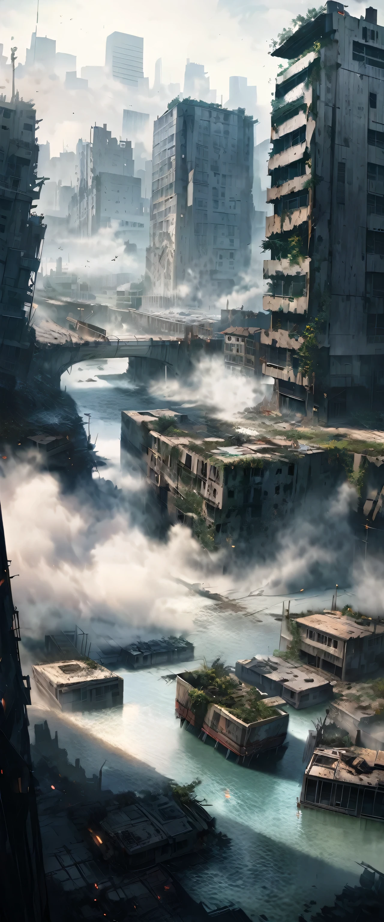 Realistic landscape, hyper detailed, Post-apocalyptic, Most of it is covered by water, artificial island, detailed, Great quality, high quality, Lots of buildings, Destroyed building, finished, More Darkness, Dark Scenario, Post-apocalyptic, fog, dark, There aren't many trees