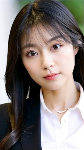 A neat and clean girl, OL, pure Japanese features, slightly plump, light makeup, , natural and realistic eyes, office, black business suit, white skip-collar blouse, beige pantyhose, black pumps