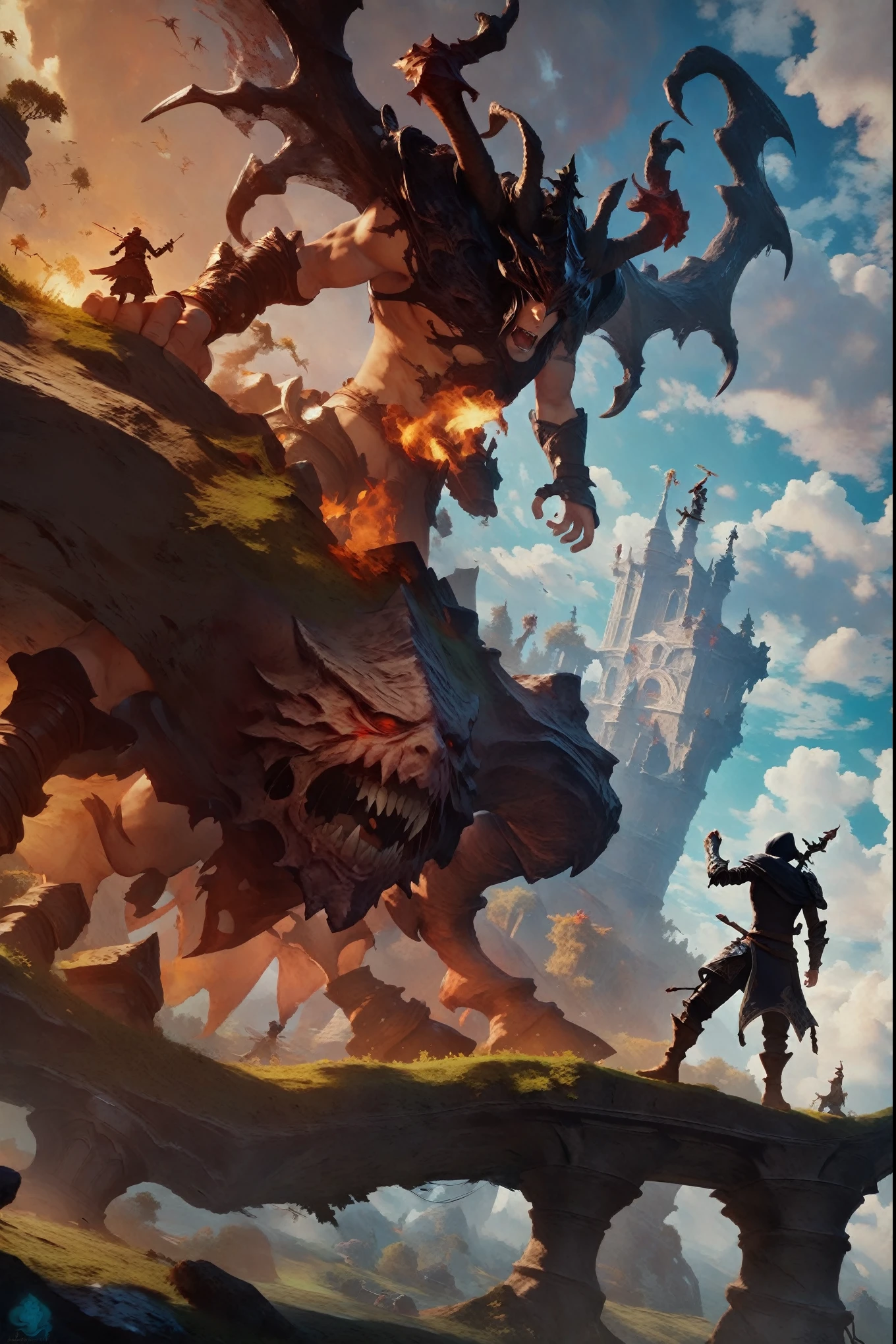 score_9, score_8_up, score_7_up,arafed image of a man standing on a cliff with a giant demon in the background, epic fantasy digital art style, epic fantasy artwork, epic fantasy digital art, anime epic artwork, epic fantasy art style hd, guildwar artwork, 4k fantasy art, epic fantasy game art, epic fantasy illustration, fantasy epic digital art, dark souls art, epic fantasy art