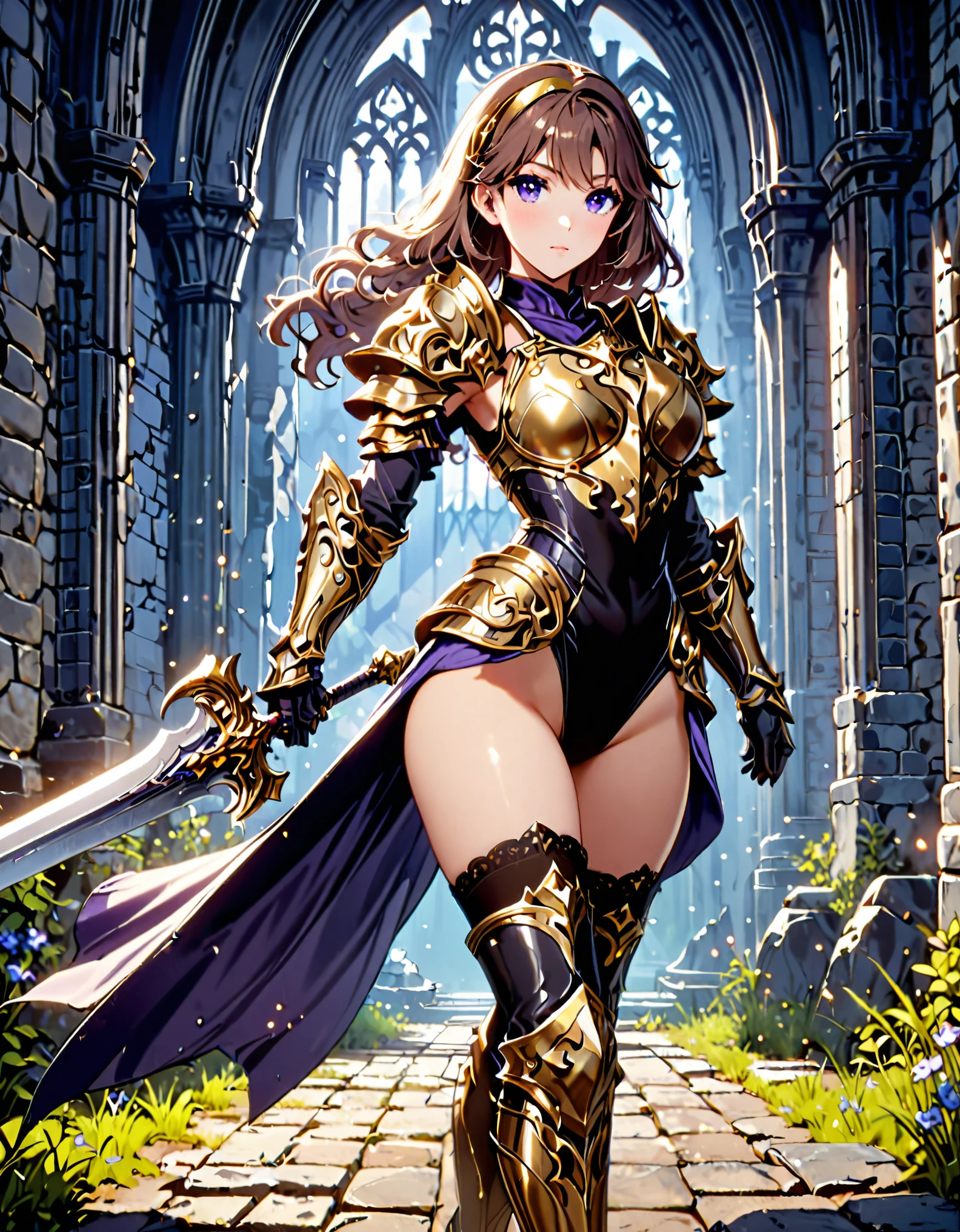 masterpiece, best quality, solo focus, 1girl, 22 years old, brown hair, (wavy hair, short hair), gold headband, purple eyes, beautiful detailed eyes, (gold medieval armor), (eagle (symbol) on chest), gauntlets, (leotard, black leotard, matching leotard, bare legs), (thighhigh leggings, boots, matching boots), perfect hands, (wielding sword, silver broad sword), space backdrop, (diffraction spikes, light particles), solo, (perfect anatomy), (full body shot), cowboy shot curved sword slash, she (spins around) like a (tornado).