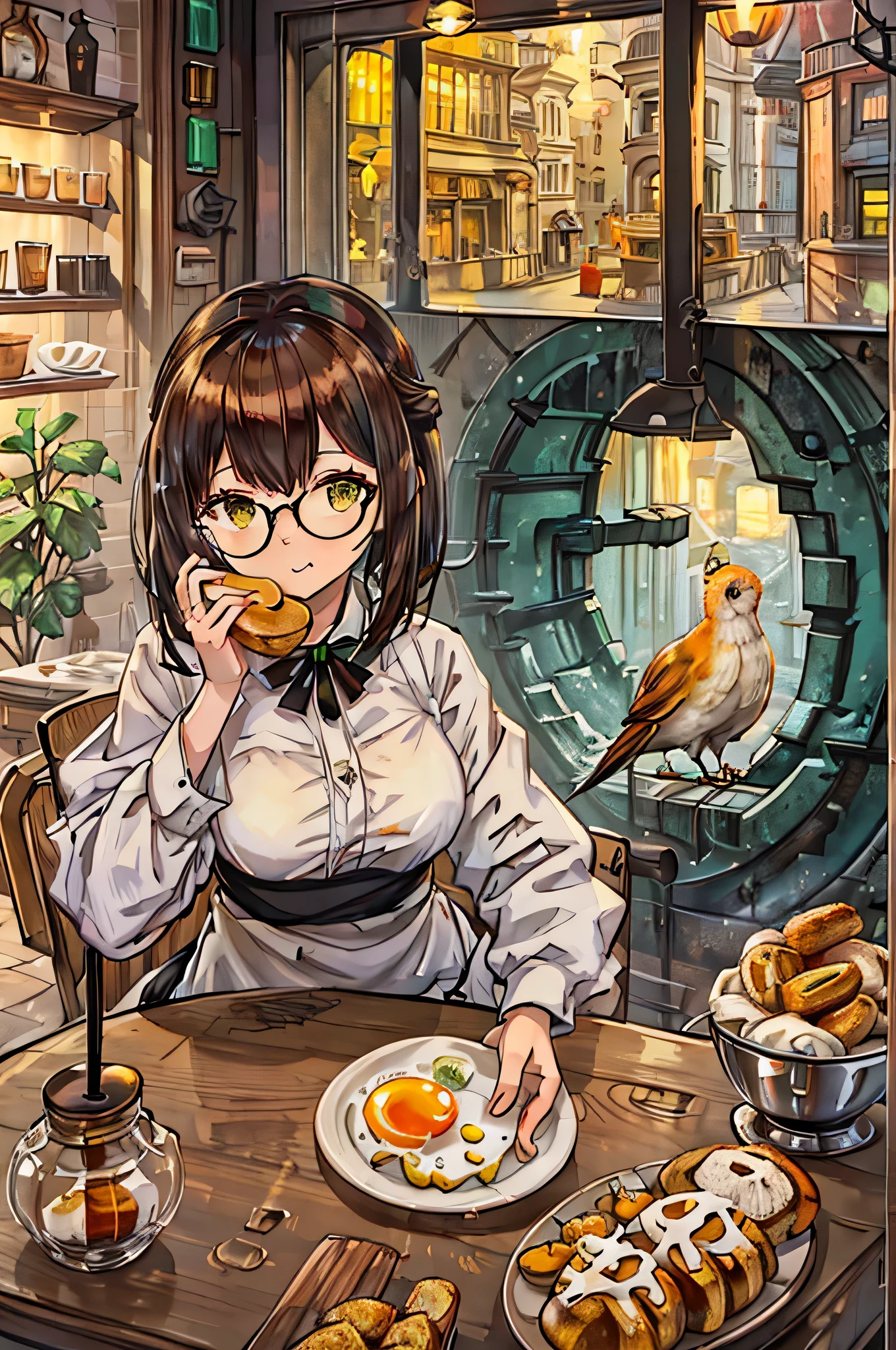 Morning at a coffee shop（Fried egg and bread）Eating a lovebird（The head is orange, the body is green, and the area between the head and body is yellow.）and a girl（Her hair is brown and bob-like.、With glasses）A cute, high-resolution video of a girl using a laptop