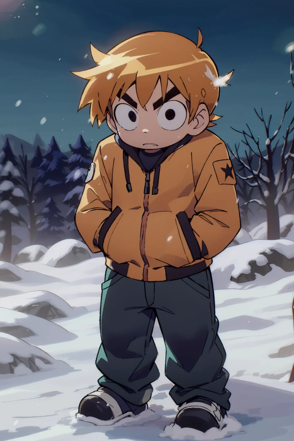 A boy, Scott Pilgrim, orange hair, shirt, jacket, thick eyebrows, Canada, standing alone in the snow looking at the camera, full-body shot