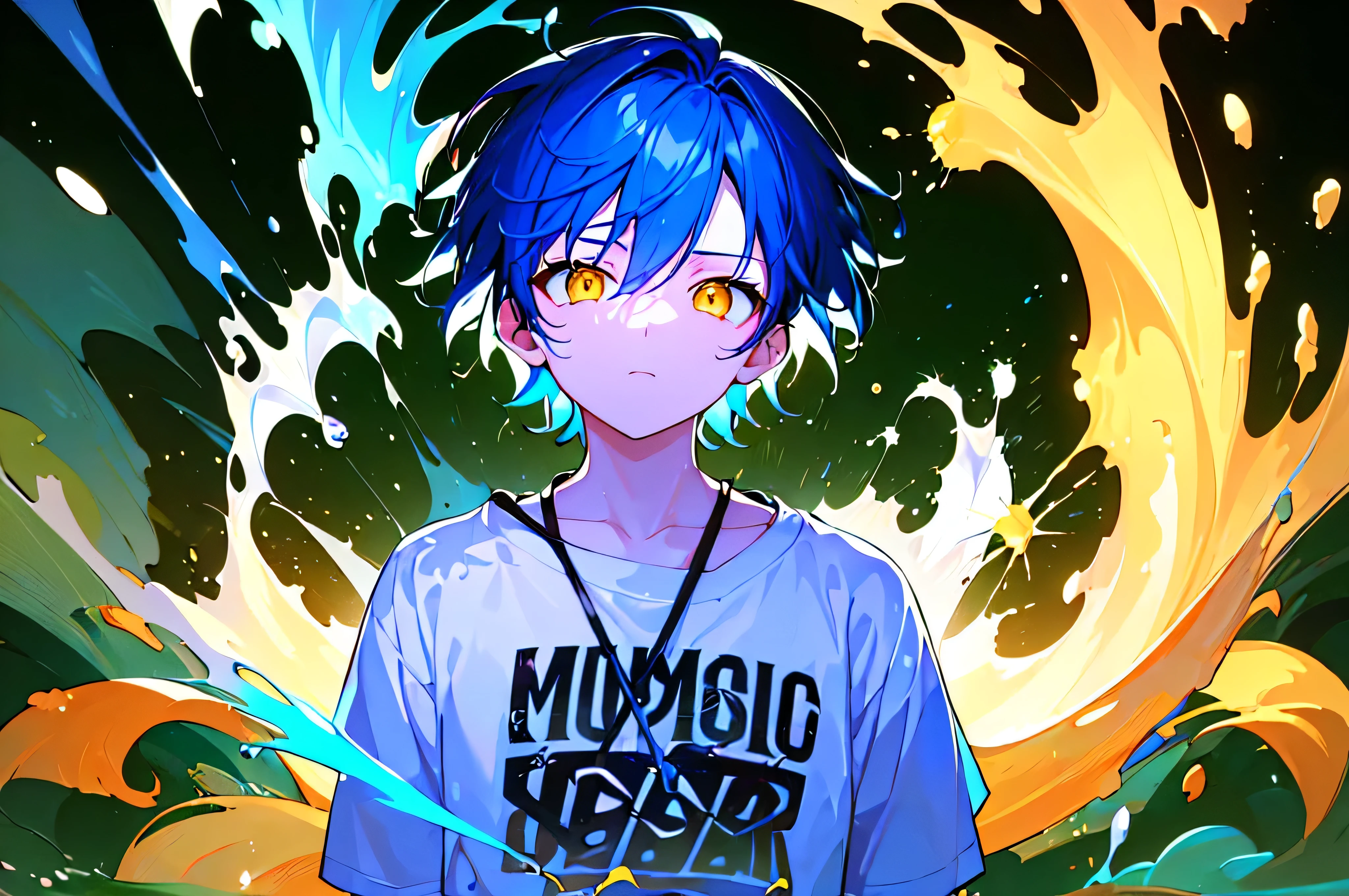 [(BLACK BACKGROUND:1.5),::5], ((((masterpiece)))), high quality, very_high_resolution, large_filesize, upper body, full color, ((younger boy)), 13 old year, short deepblue hair, vivid color, ((yellow eye)), Summer clothes white, animestyle, (NeonSoda Splash effect:1.3)