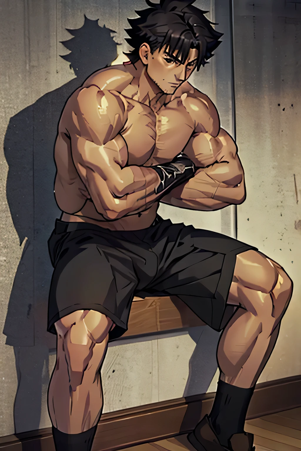 Kiritsugu is sitting and showing his biceps. He wears black shorts. You can see his thighs. He looks stoic and serious. He has bulging veins on his arms. He is shirtless.