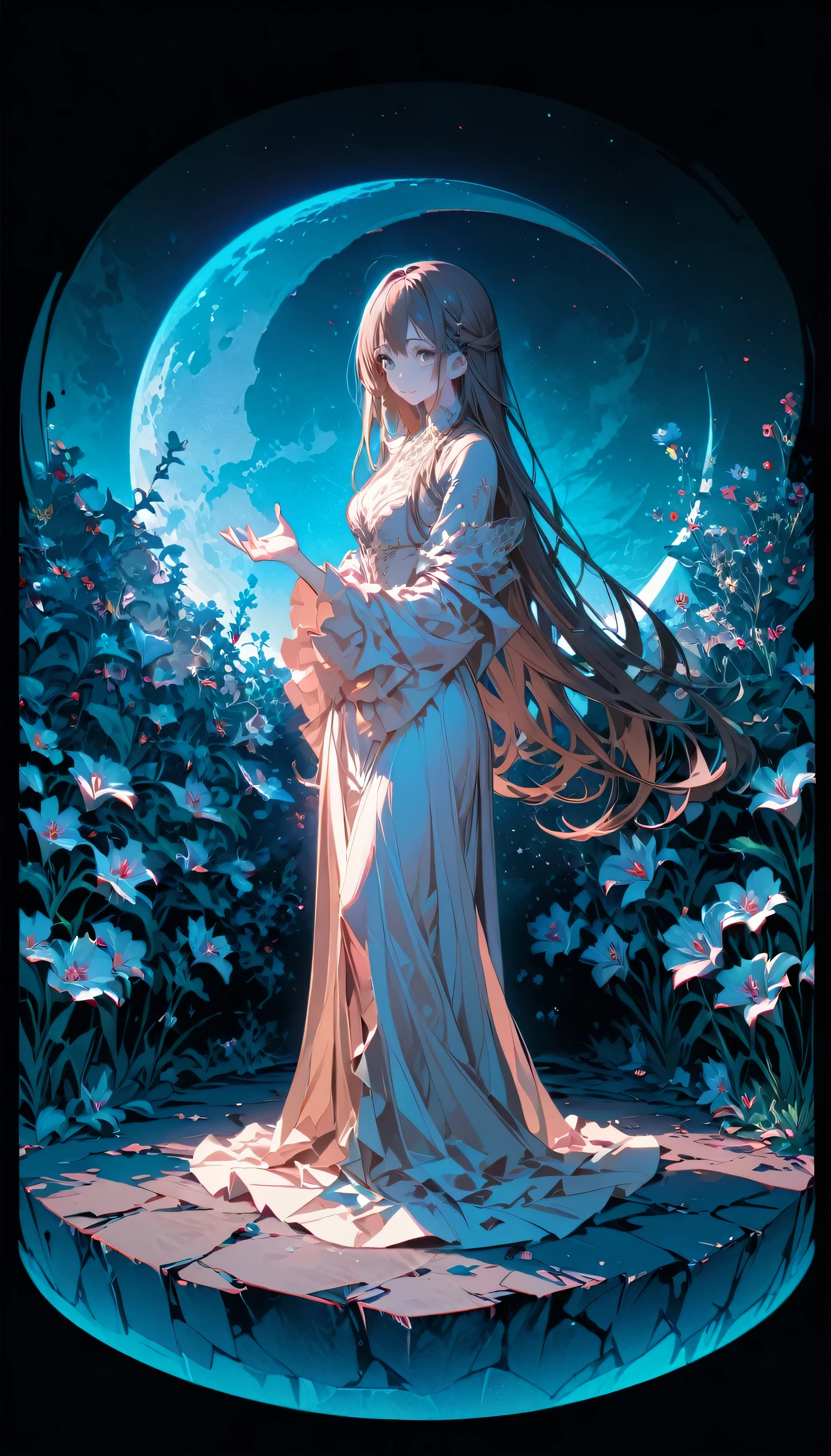 (masterpiece),(highest quality), figure, (Fantasy:1.4), Brown long hair, Long eyelashes, Round eyes, A light smile, Surrealism, Cast a Shadow, Anaglyph, Stereogram, Atmospheric perspective, 8k, Super detailed, Accurate, highest quality, Ultra-high resolution, Textured skin, Long dress, moon, Flowers , paper_cut