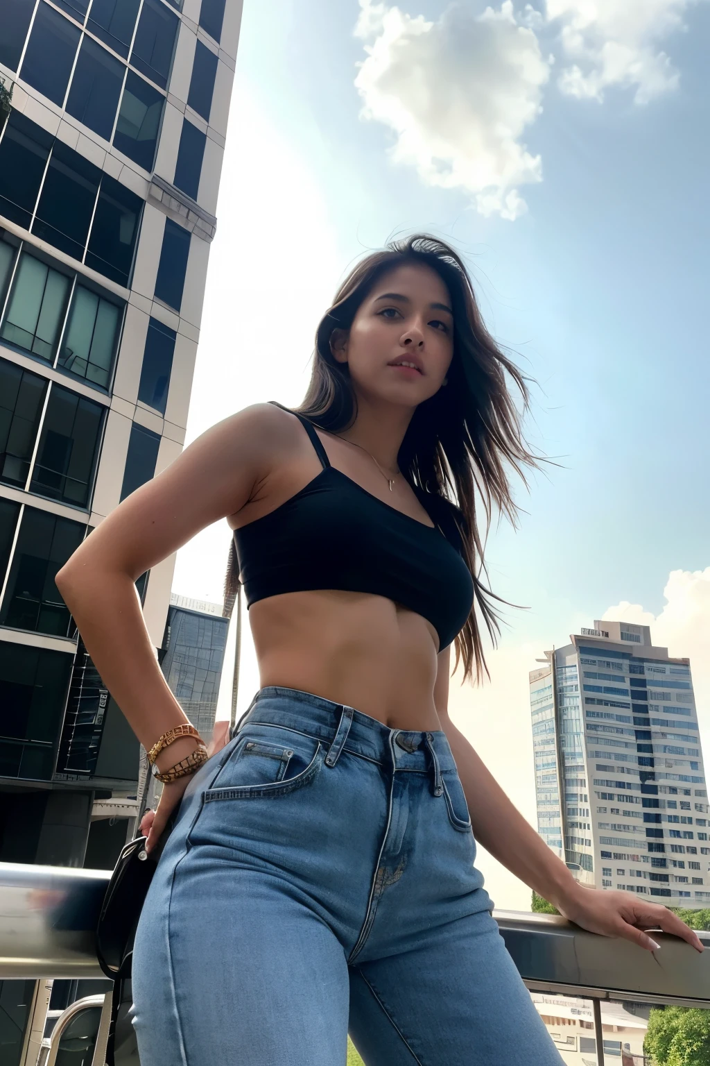 ((masterpiece)), ((best quality)), (detail), "A gorgeous young Indian women in a cool and laid-back hippie style is rocking a crop top and baggy pants hugging her legs tight. Her toned and athletic build hints at her massive strength. She got toned thick thighs and curvy body. She seems to be casually strolling through the bustling cityscape of GTS City, as towering buildings loom overhead. Smoke and clouds roil around her, adding to the sense of epic scale and drama. The perspective is from below, emphasizing the sheer majesty and power of the Giantess."