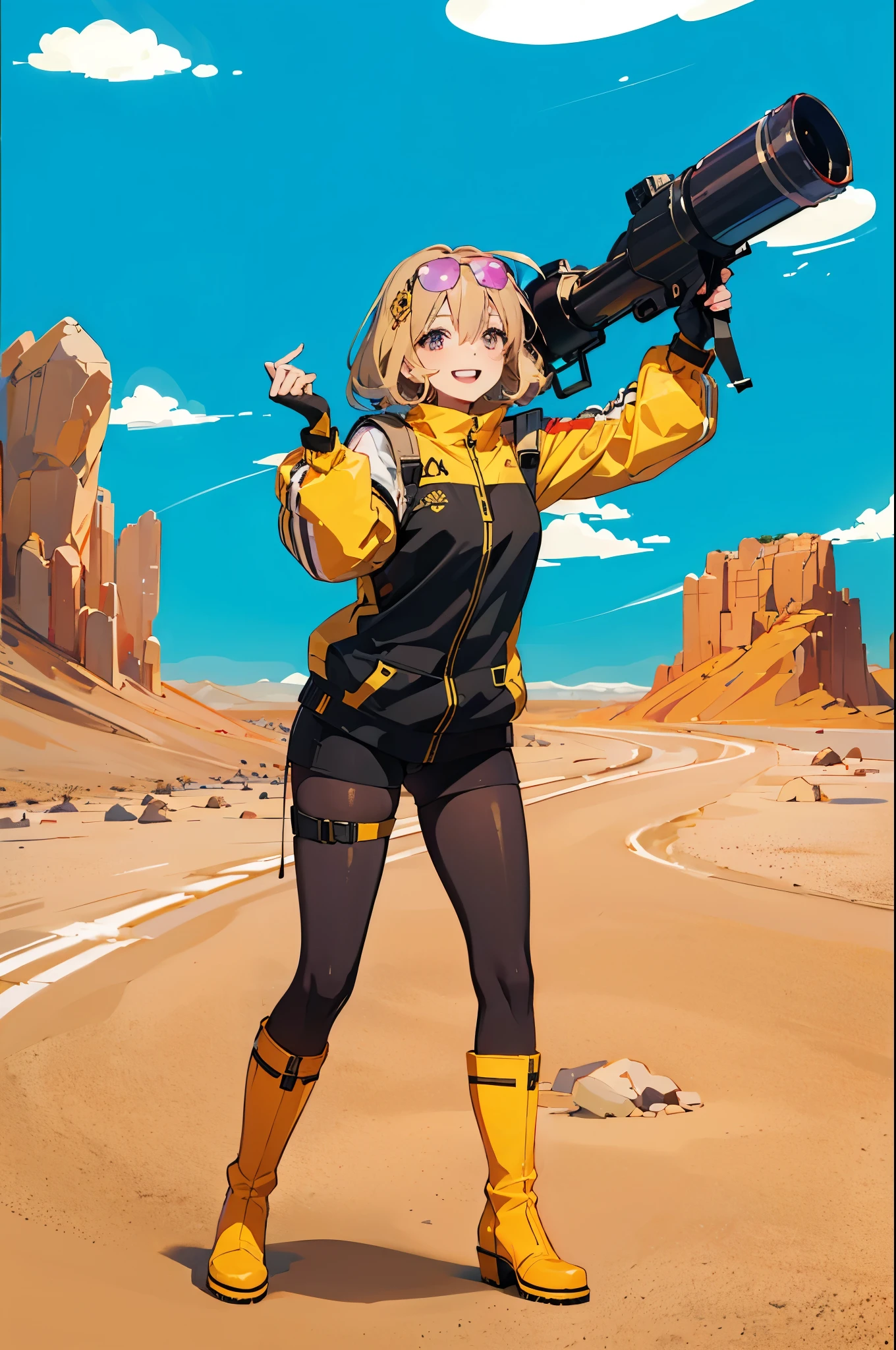 (Best quality, good anatomy, high quality, 4k, anime style) Anis(Nikke), blond hair, short hair, elow eyes, violet sunglasses!!, smiling, black half finger gloves, yellow and black sweater, black legwears, yellow platform boots, grabbing a rocket launcher, desert, rocks, day, colorful