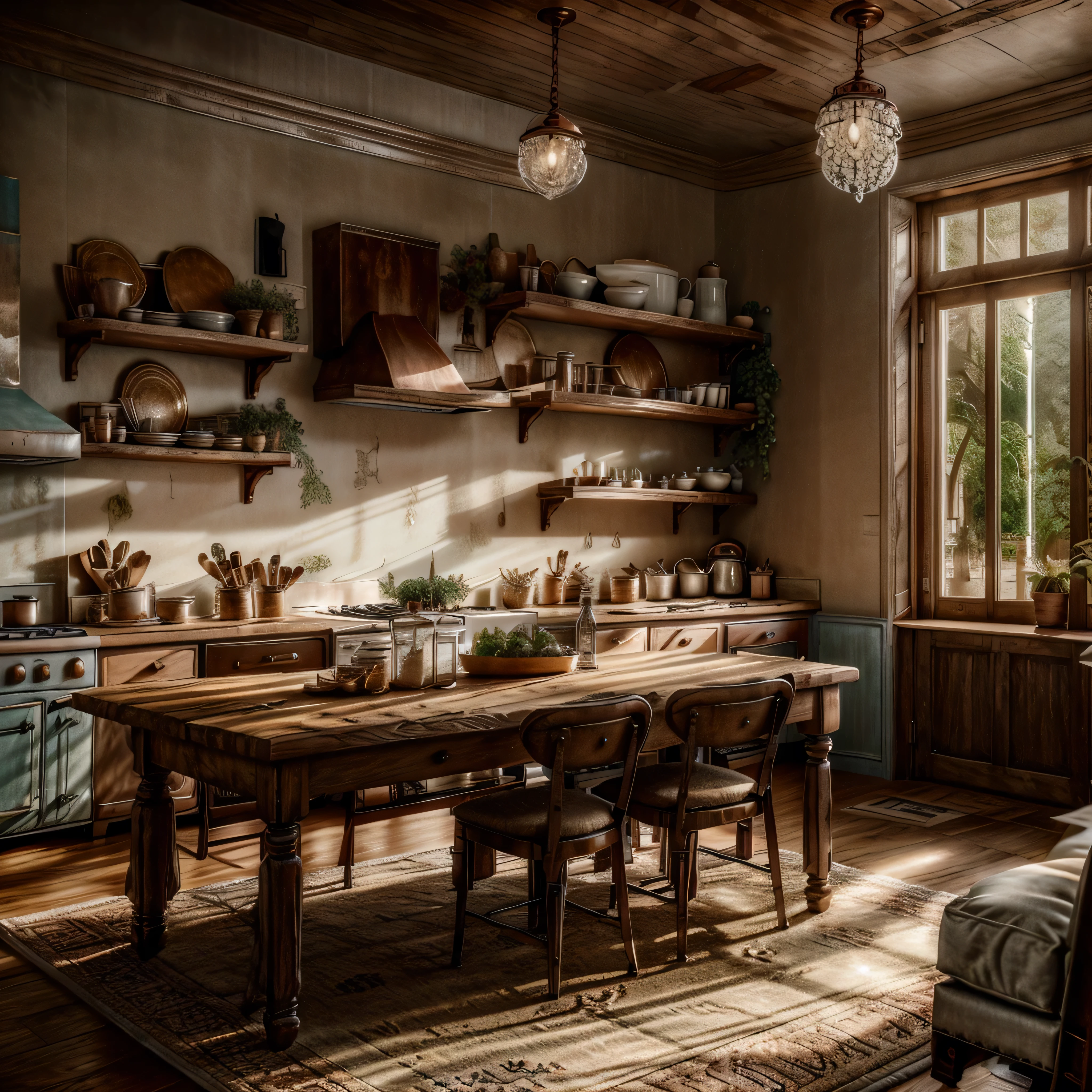 A charming kitchen with a rustic yet elegant feel. Use distressed wood cabinets, a vintage stove, and a large farmhouse table with upholstered chairs. Incorporate soft pastel colors, a crystal chandelier, and open shelving with decorative plates and copper pots.