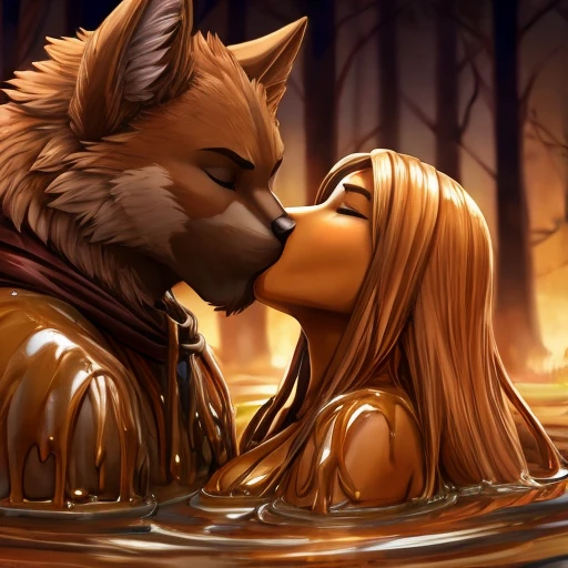 1 woman and 1 boy furries covered in brown slime, the woman is tied with ropes