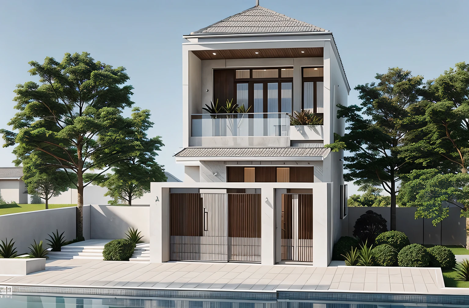PLATFORM KTHOUSE, 1 morden villa, main material of villa about build color wall:1.2 glass panel:1.1 and stone:1.2, 1large yard, 1 road runs in front of the house, (RAW photo, real, best quality, masterpiece:1.2), look morden minimalist, warm lighting:1.3, (hyper realistic, photo-realistic:1.2), high quality, (dawn lighting:1.2), perfect lighting, archdaily