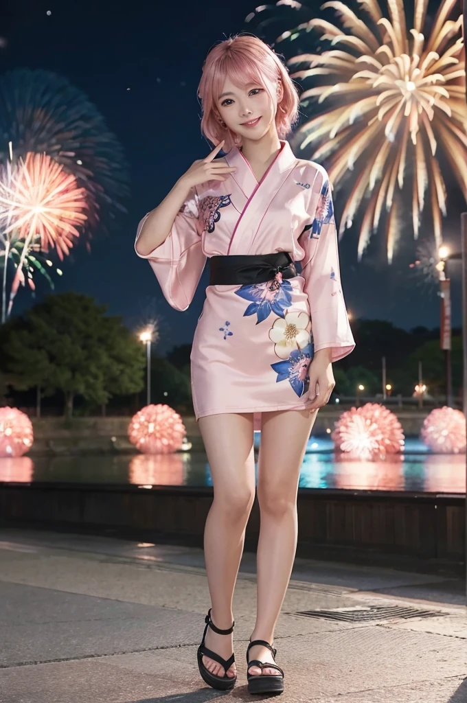 (Pink Hair :1.3),Ulzzang-6500-v1.1, (RAW Photos:1.2), (Photorealistic), Beautiful detailed girl, (Genuine: 1.4), Very detailed目と顔, ((Red floral yukata;1.3))、((Fireworks in the background:1.2)), Selfie, Instagram、game_Hmph, Large file size, High resolution, Very detailed, highest quality, [masterpiece:1.6], Awareness-raising, Very detailed, Hmph, In detail, highest quality, 8k wallpaper, Cinema Lighting, One Girl, 17 years old, Perfect figure, Cute droopy eyes、Beautiful big eyes、Pieck Finger, ((Tabletop)), highest quality, eye shadow,  Portraiture, ((Full Body Shot:1.4))、(A very loving smile:1.2)、Realistic skin texture、Glowing Skin、