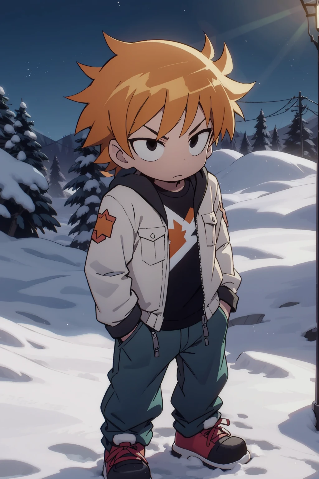 A boy, Scott Pilgrim, orange hair, shirt, jacket, thick eyebrows, mature Canada, standing alone in the snow looking at the camera, full-body shot
