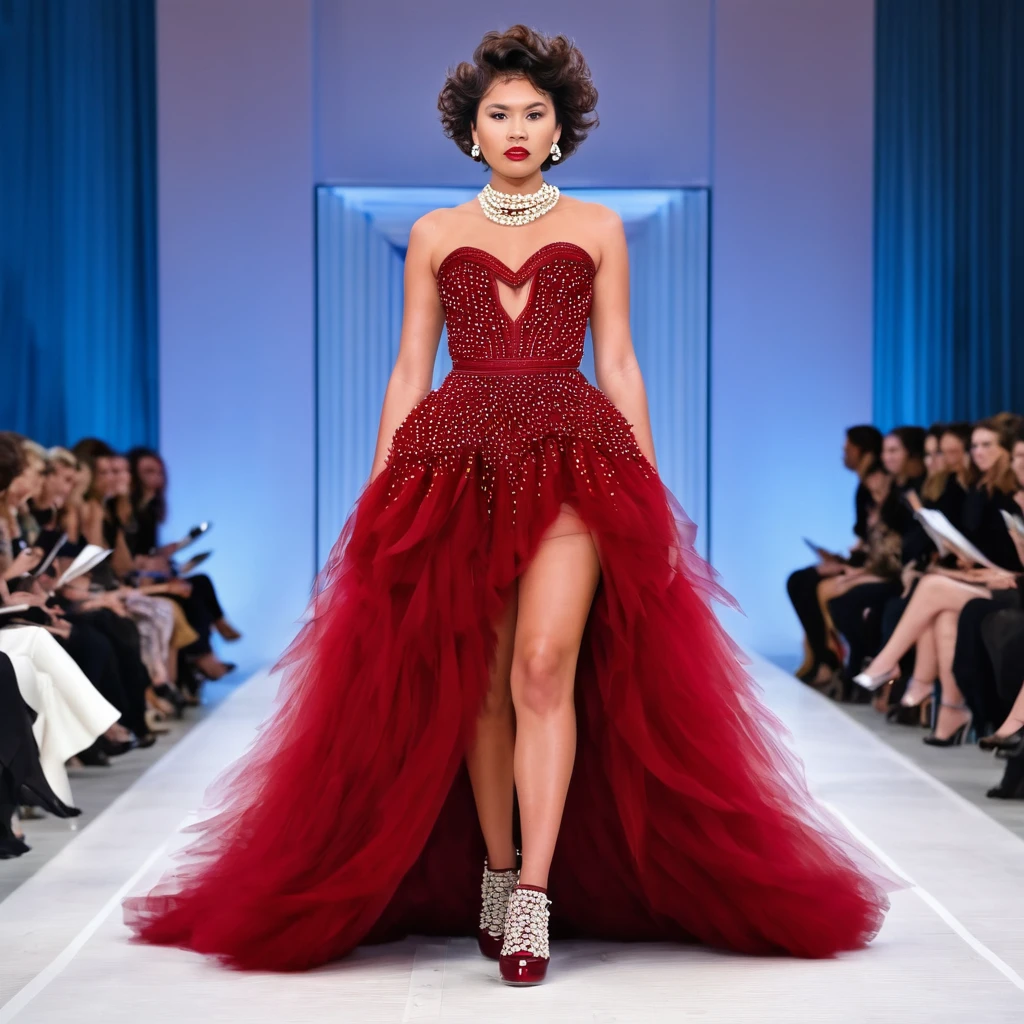 High quality full body front facing native american woman model with short curly hair in a fancy hair style wearing deep red tulle and fur and pearls extra wide long gown wearing awesome pump shoes on the runway perfect