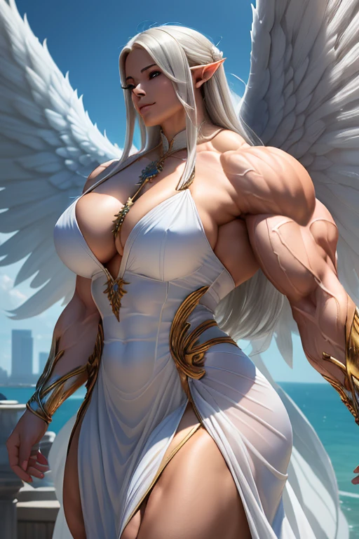 ((((Massive tall, beautiful, buff, light brown skinned muscular angel woman with white hair, huge angel wings, ginormous bulky muscles and wearing a beautiful white angel dress)))), (close view), massive muscles, massive biceps, hyper muscle shoulders, massive muscle arms, vascular shoulders, hyper muscle triceps, huge angel wings, (long straight hair), blue eyes, choker, angel gauntlets, on top of a sunny skyscraper in a Windy City, confidant smile, hyper vascular arm, hyper muscles arms, hyper muscle legs, (massive arms).