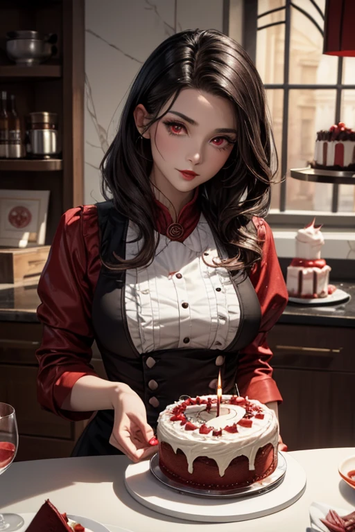 an extremely beautiful female vampire, looking at (MasterChef style red cake: 1.5), an exquisite beautiful vampire, ultra feminine ultra detailed face, black hair, short hair, pale skin, red lips, red eyes, wearing sexy seductive white dress, looking at a MasterChef style red cake, 2 tiers, decorated with red whipped cream, and elegant and artistic decorations, dark decoration style kitchen background, dim candle light, dynamic angle, best details, best quality, 16k, [ultra detailed] , Artwork, best quality, (ultra detailed), full body, ultra wide photo, Photorealistic, 2.5D rendering.