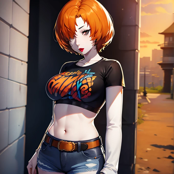 Kronya, pale skin, hair over one eye, orange hair, 1girl, solo, standing, black t-shirt, white shirt, blue jeans, belt, lipstick, large breasts, layered sleeves