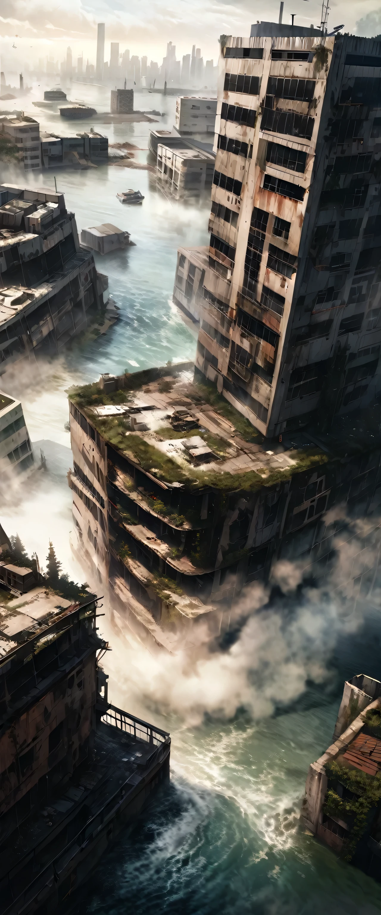 Realistic landscape, hyper detailed, Post-apocalyptic, Most of it is covered by water, artificial island, detailed, Great quality, high quality, Lots of buildings, Destroyed building, finished, More Darkness, Dark Scenario, Post-apocalyptic, fog, dark, There aren&#39;t many trees