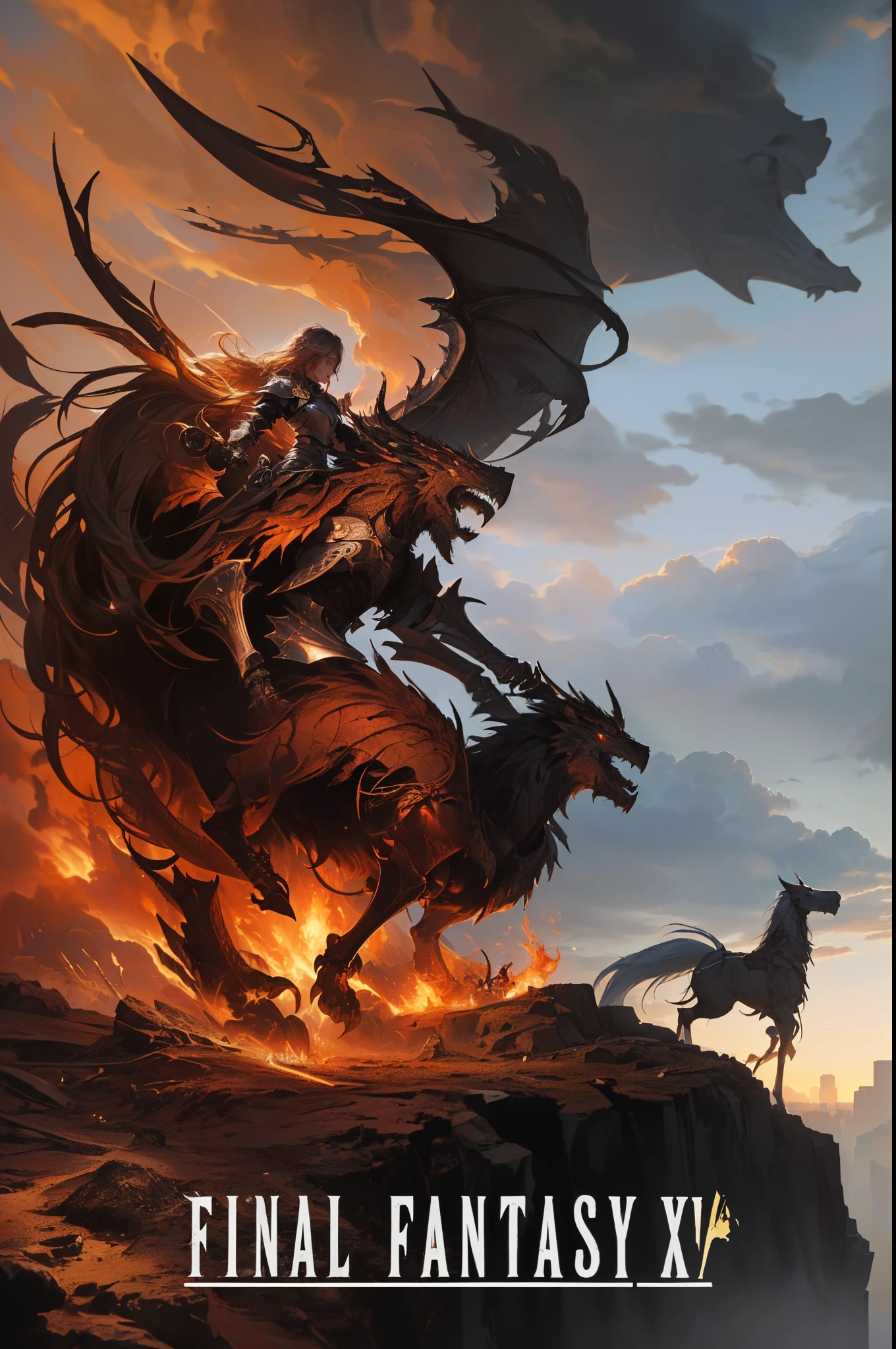 score_9, score_8_up, score_7_up,arafed image of a knight standing on a cliff with a giant dragon in the background, dragon ff xvi, clive rosfield,final fantasy,