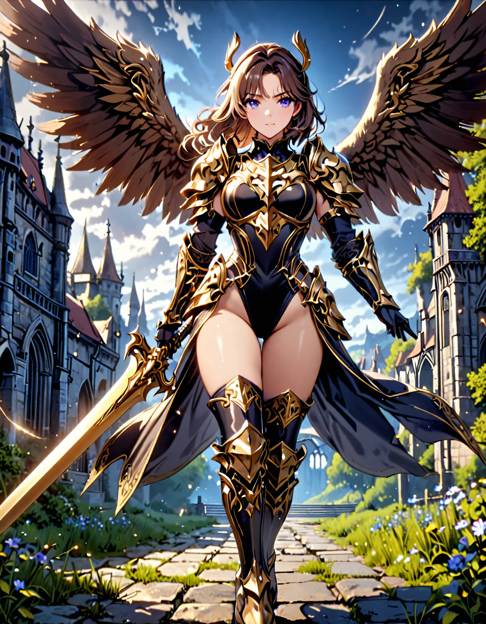 masterpiece, best quality, solo focus, 1girl, 22 years old, brown hair, (wavy hair, short hair), gold headband, purple eyes, beautiful detailed eyes, (gold medieval armor), (eagle (symbol) on chest), gauntlets, (leotard, black leotard, matching leotard, bare legs), (thighhigh leggings, boots, matching boots), perfect hands, (wielding sword, silver broad sword), space backdrop, (diffraction spikes, light particles), solo, (perfect anatomy), (full body shot), cowboy shot curved sword slash, she (spins around) like a (tornado).