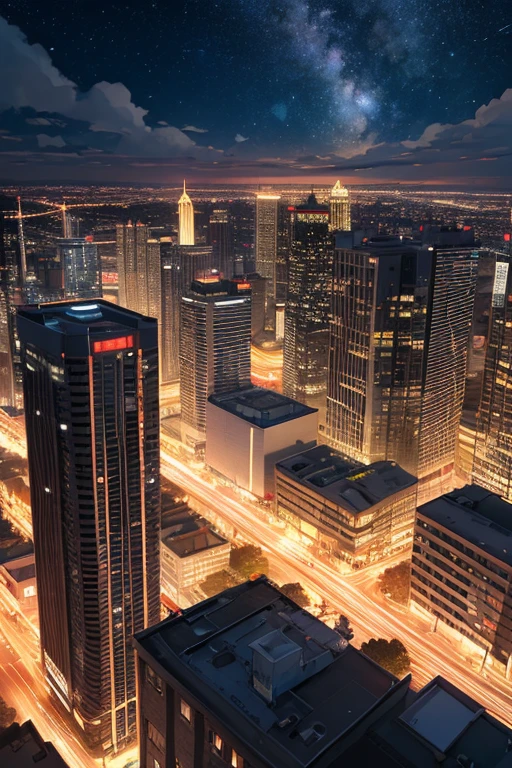octans, sky, star (sky), scenery, starry sky, night, night sky, solo, outdoors, building, cloud, milky way, city, view of Atlanta, cityscape