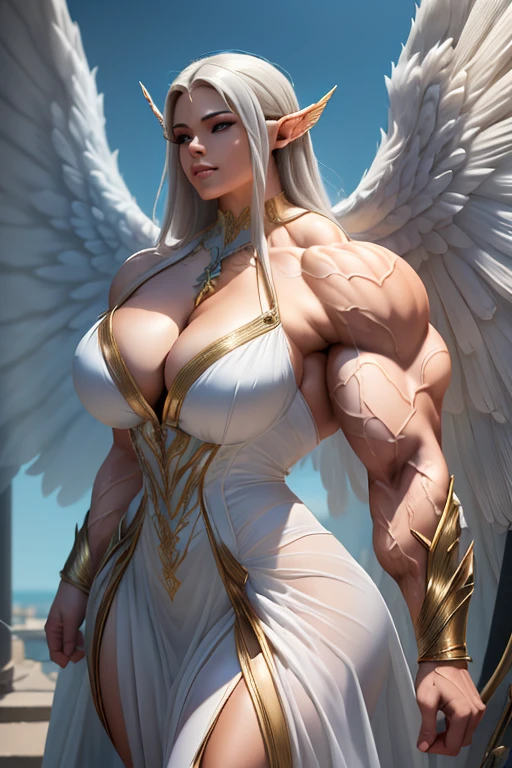 ((((Massive tall, beautiful, buff, light brown skinned muscular angel woman with white hair, huge angel wings, ginormous bulky muscles and wearing a beautiful white angel dress)))), (close view), massive muscles, massive biceps, hyper muscle shoulders, massive muscle arms, vascular shoulders, hyper muscle triceps, huge angel wings, (long straight hair), blue eyes, choker, angel gauntlets, on top of a sunny skyscraper in a Windy City, confidant smile, hyper vascular arm, hyper muscles arms, hyper muscle legs, (massive arms).