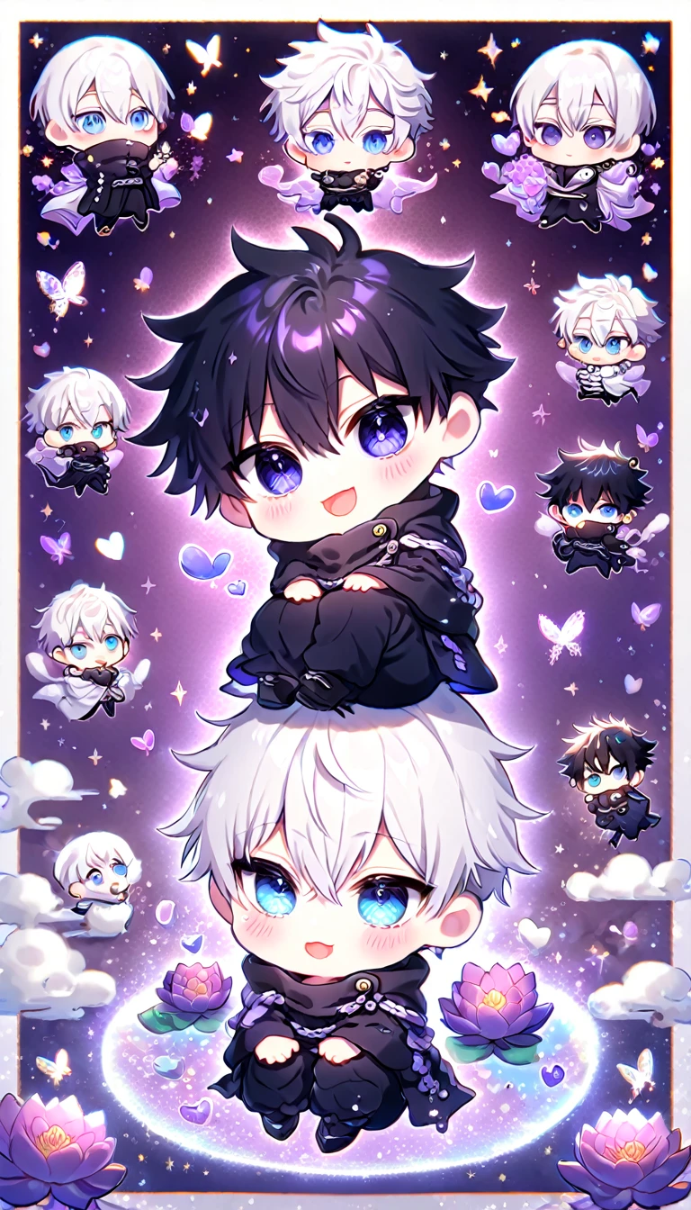 Ultra detailed, HDR, Highres, absurdres, master piece, Gojo Satoru chibi, white hair with bangs, expressive blue eyes, white eyelashes, hair between the eyes, black clothes, Jujutsu Kaisen, Fushiguro Megumi chibi, black hair, expressive blue eyes, purple glittering butterflies, petals, purple lotus, cute, magical, two men hugging, gay couple, extremely detailed face and eyes, glittering, fantasy, love, purple background, perfect face, best quality, happy, yaoi