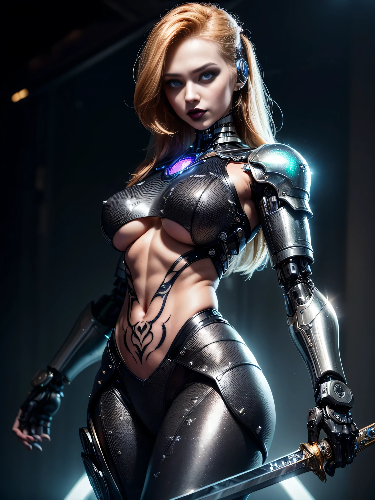 ((best quality: 1.5, masterpiece :1.2, Intricate:1.3)), intricate details, professional, real life, (((solo, 1girl) muscular, (mysterious expression, black lipstick, ((cyborg, mechanical arms, cybernetic))))), bright glow, dynamic pose, dark room, dark background, black background, solo, (((smirking, (blackout eyeshadow, cleft chin, iceblue eyes, [blonde hair:bright ginger hair:0.5], [flat chest:medium breasts:0.7])))), (freckles: 0.9), ((fujicolor, film grain)), (((((futuristic black chrome lacquered armor, (rivets, underboob, side:1.0, below:1.2, sword, (tattoo:1.1)), photorealistic:1.4, metal reflections, bokeh)), professional lighting, photon mapping, radiosity, physically based rendering, ultra resolution, hyper-realistic)))