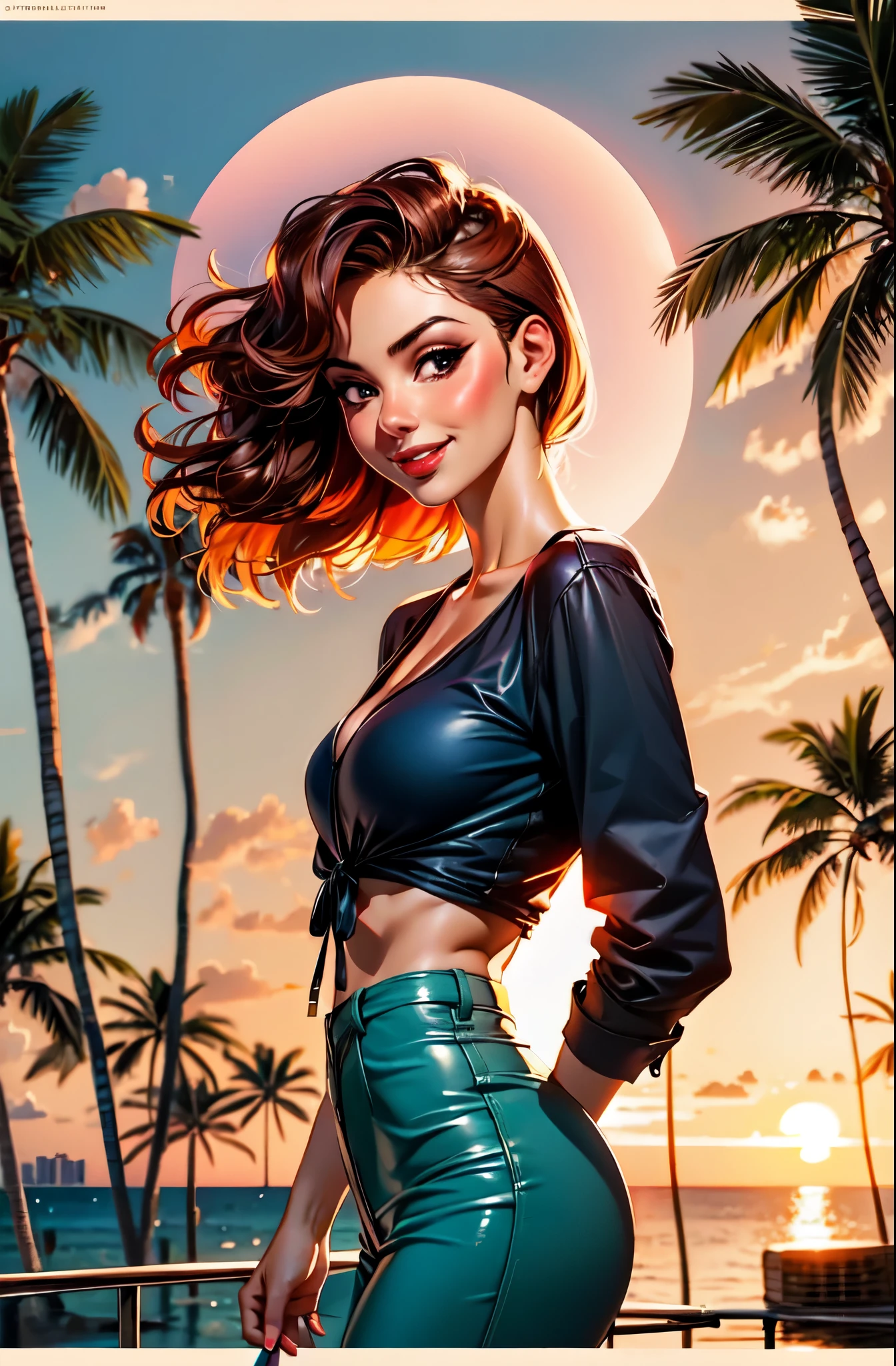 retro girl, Miami, sunset, Ferrari, palm tree, 90's, smirk smile