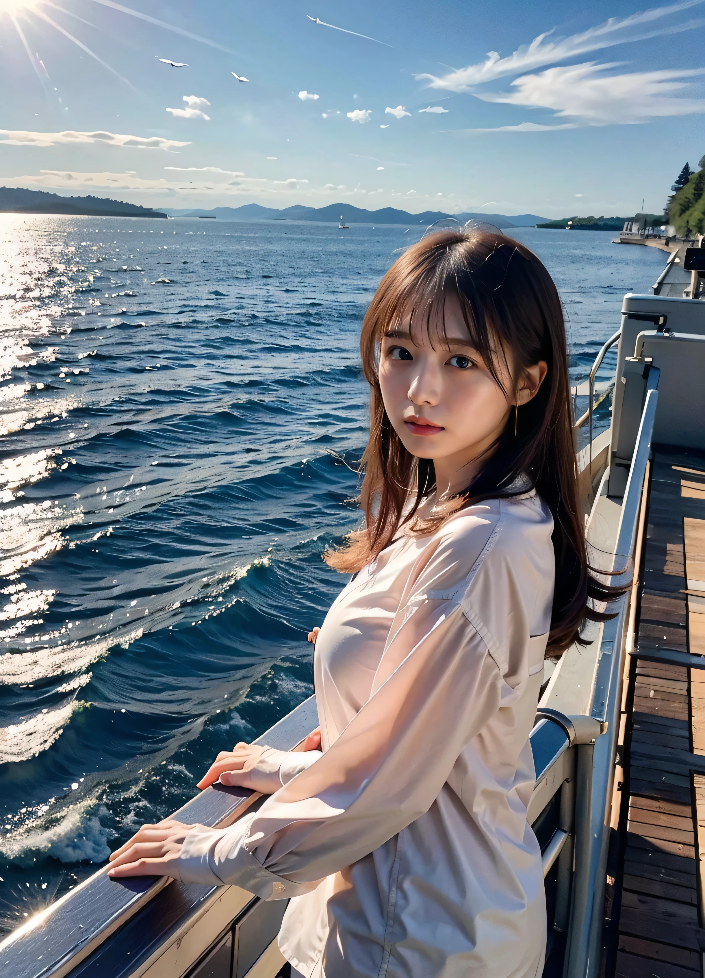 Tie your hair、The sky was dyed red、A woman in casual clothes is watching the sunset from a boat、Her huge breasts are obvious even through her clothes.、The shining sun is so beautiful、Dusk is coming、Lens flare、I can see the sun setting、（（Sunlight reflecting on the lake、Ocean View、The sun shines on the sea、&#39;beautiful.、Small earrings、It&#39;evening、Birds are also flying、、Brown Hair Color、Tie your hair、The woman is on the right:1.4））、Luxury Leather Belts、Shiny clothes、Light beige hair color、Background Blur、Braid only the front hair、Light brown hair、｛｛Cowgirl Shot｝｝、（（Close-up shot from the waist up、Big Breasts:1.4））、Big Breasts、Smile、Silk clothing、Big Breasts that can be seen even through clothes、Braid only the front hair、Cowboy Shot、Gorgeous white collared silk shirt and brown skirt、Dress elegantly、Luxury Bags、A lovely smile、（（airplane in the background、I&#39;Coming to the airport））、Full body photo、ring、Short skirt、Tuck your hair behind one ear、Silver Necklace、smile、 Elegant ponytail、Caustics、Highly detailed photos、Very beautiful and ideal short hair、Big Breasts、Super no makeup、(8k、RAW Photos、highest quality、masterpiece:1.2)、(Realistic、Realistic)、1 girl、((Big Breastsショートヘア、Looking into the camera:1.4))、Hair blowing in the wind
