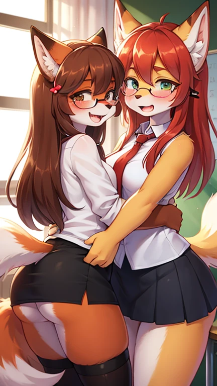best quality,best resolution,(fluffy anthro furry :1.6),fox girl,red long hair,curvy hair,classroom,light and shadow,(white shirt),((2 chicas, duo)),sleeveless,red necktie,black skirt,white stocking,glasses,flower hairpin,looking at viewer,horny face,open mouth,very close eyes,orgasm,full face blush,tense pose,heart eyes,heart expression eyes,horny pose