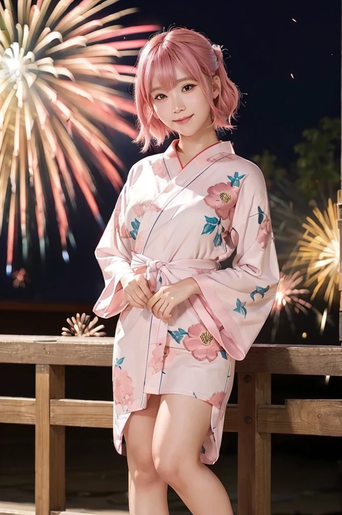 (Pink Hair :1.3),Ulzzang-6500-v1.1, (RAW Photos:1.2), (Photorealistic), Beautiful detailed girl, (Genuine: 1.4), Very detailed目と顔, ((Red floral yukata;1.3))、((Fireworks in the background:1.2)), Selfie, Instagram、game_Hmph, Large file size, High resolution, Very detailed, highest quality, [masterpiece:1.6], Awareness-raising, Very detailed, Hmph, In detail, highest quality, 8k wallpaper, Cinema Lighting, One Girl, 17 years old, Perfect figure, Cute droopy eyes、Beautiful big eyes、Pieck Finger, ((Tabletop)), highest quality, eye shadow,  Portraiture, ((Full Body Shot:1.4))、(A very loving smile:1.2)、Realistic skin texture、Glowing Skin、