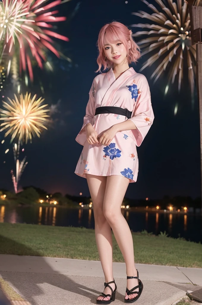 (Pink Hair :1.3),Ulzzang-6500-v1.1, (RAW Photos:1.2), (Photorealistic), Beautiful detailed girl, (Genuine: 1.4), Very detailed目と顔, ((Red floral yukata;1.3))、((Fireworks in the background:1.2)), Selfie, Instagram、game_Hmph, Large file size, High resolution, Very detailed, highest quality, [masterpiece:1.6], Awareness-raising, Very detailed, Hmph, In detail, highest quality, 8k wallpaper, Cinema Lighting, One Girl, 17 years old, Perfect figure, Cute droopy eyes、Beautiful big eyes、Pieck Finger, ((Tabletop)), highest quality, eye shadow,  Portraiture, ((Full Body Shot:1.4))、(A very loving smile:1.2)、Realistic skin texture、Glowing Skin、