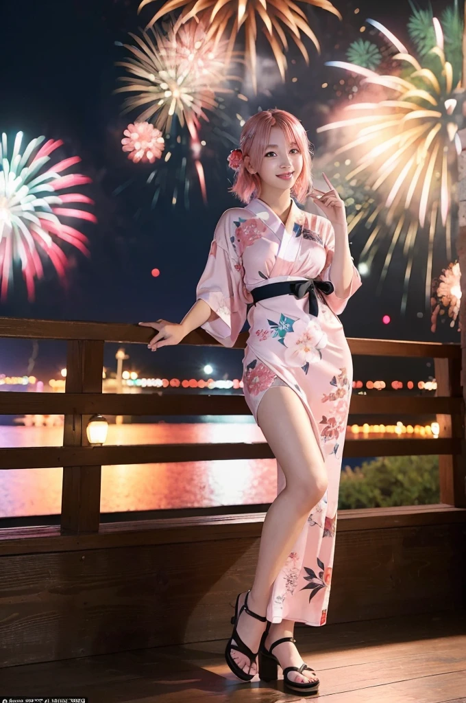 (Pink Hair :1.3),Ulzzang-6500-v1.1, (RAW Photos:1.2), (Photorealistic), Beautiful detailed girl, (Genuine: 1.4), Very detailed目と顔, ((Red floral yukata;1.3))、((Fireworks in the background:1.2)), Selfie, Instagram、game_Hmph, Large file size, High resolution, Very detailed, highest quality, [masterpiece:1.6], Awareness-raising, Very detailed, Hmph, In detail, highest quality, 8k wallpaper, Cinema Lighting, One Girl, , Perfect figure, Cute droopy eyes、Beautiful big eyes、Pieck Finger, ((Tabletop)), highest quality, eye shadow,  Portraiture, ((Full Body Shot:1.4))、(A very loving smile:1.2)、Realistic skin texture、Glowing Skin、